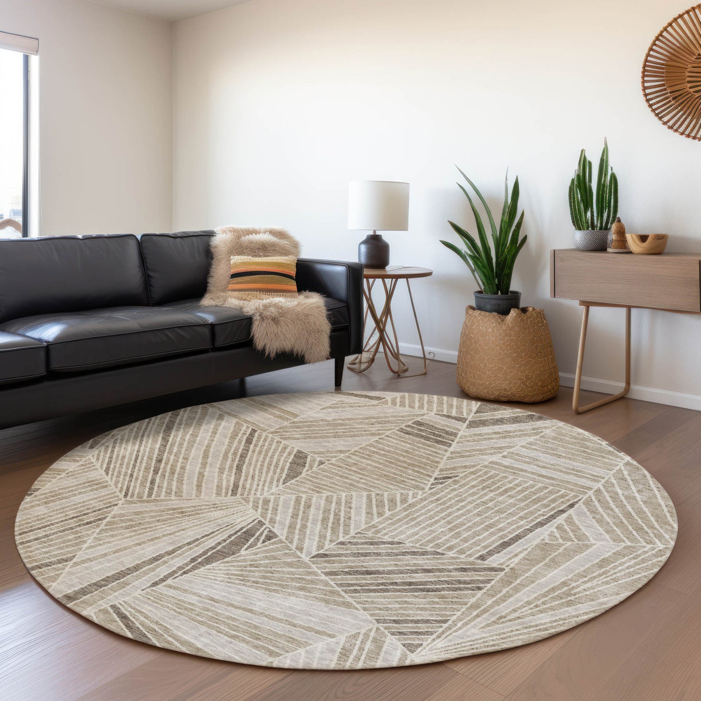 Tabselect Home Line 8' Beige Brown And Ivory Round Geometric Washable Indoor Outdoor Area Rug