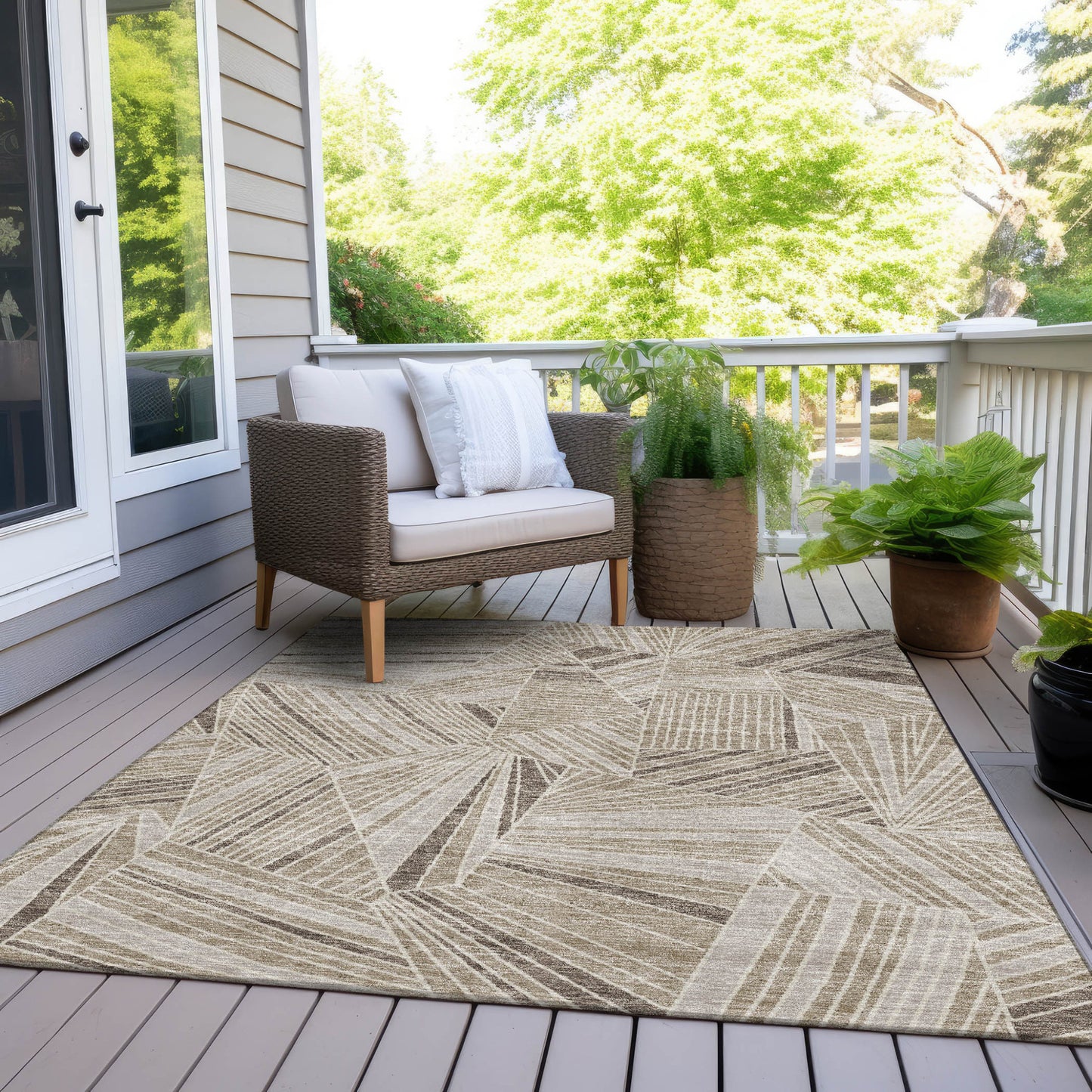 Tabselect Home Line 8' X 10' Beige Brown And Ivory Geometric Washable Indoor Outdoor Area Rug