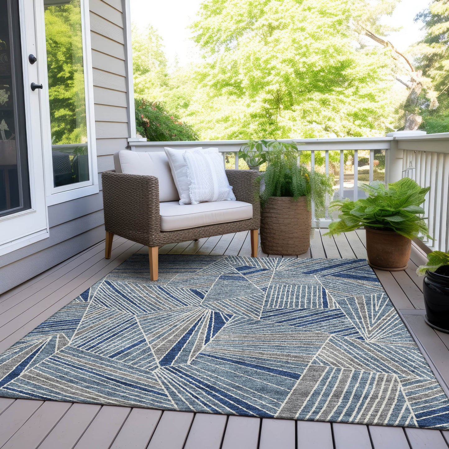 Tabselect Home Line 8' X 10' Denim Blue Gray And Ivory Geometric Washable Indoor Outdoor Area Rug