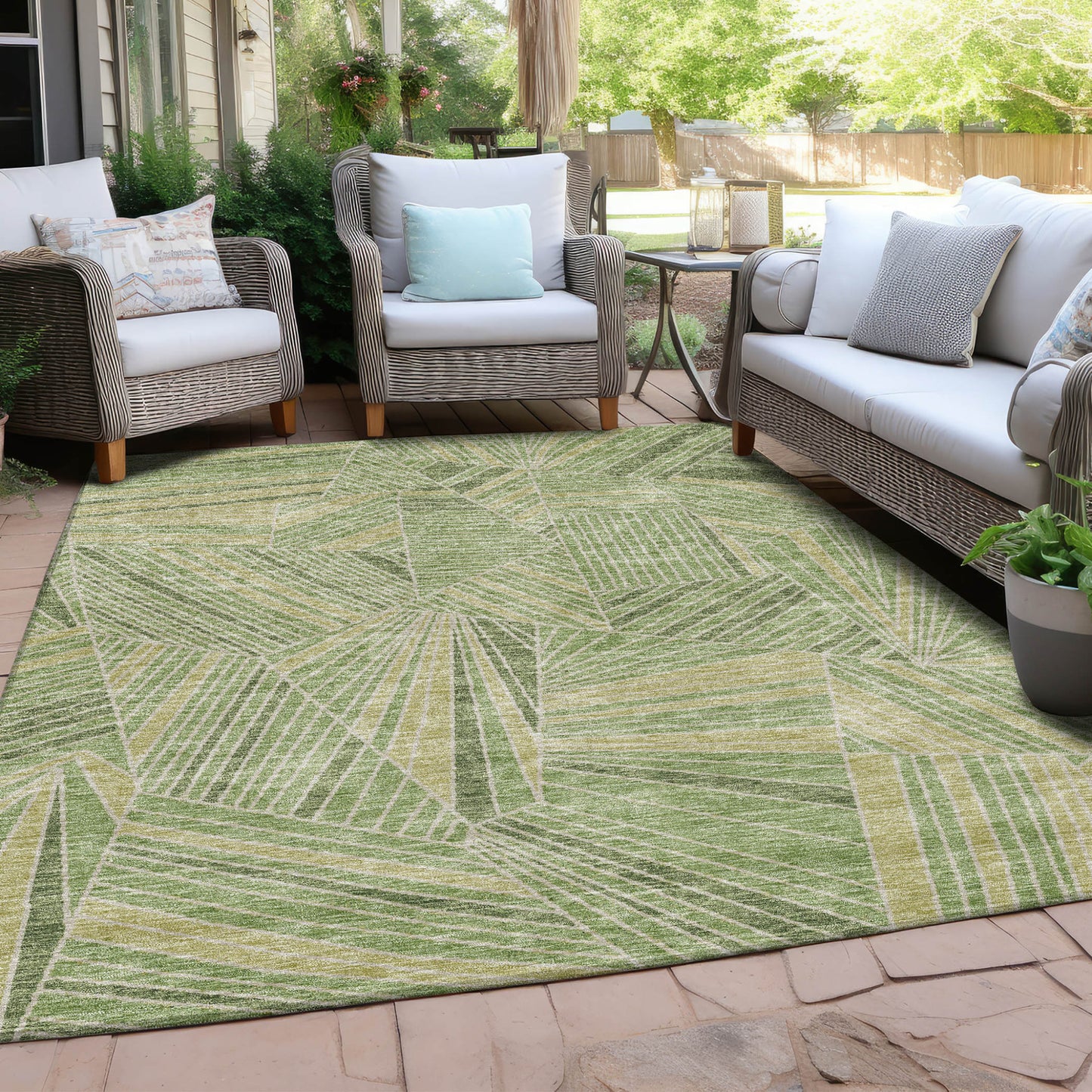 Tabselect Home Line 8' X 10' Green And Olive Green Geometric Washable Indoor Outdoor Area Rug