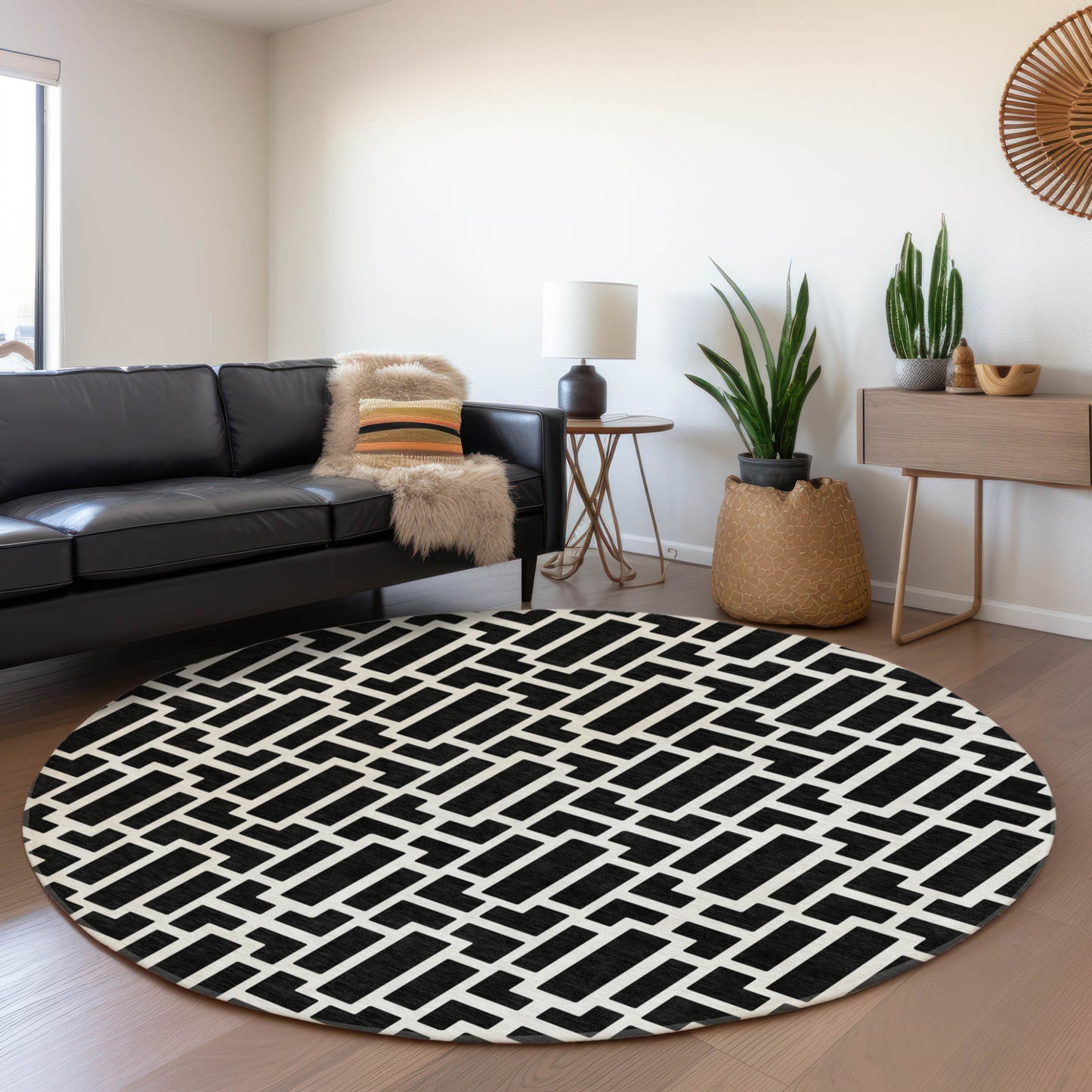 Tabselect Home Line 8' Black And Ivory Round Geometric Washable Indoor Outdoor Area Rug