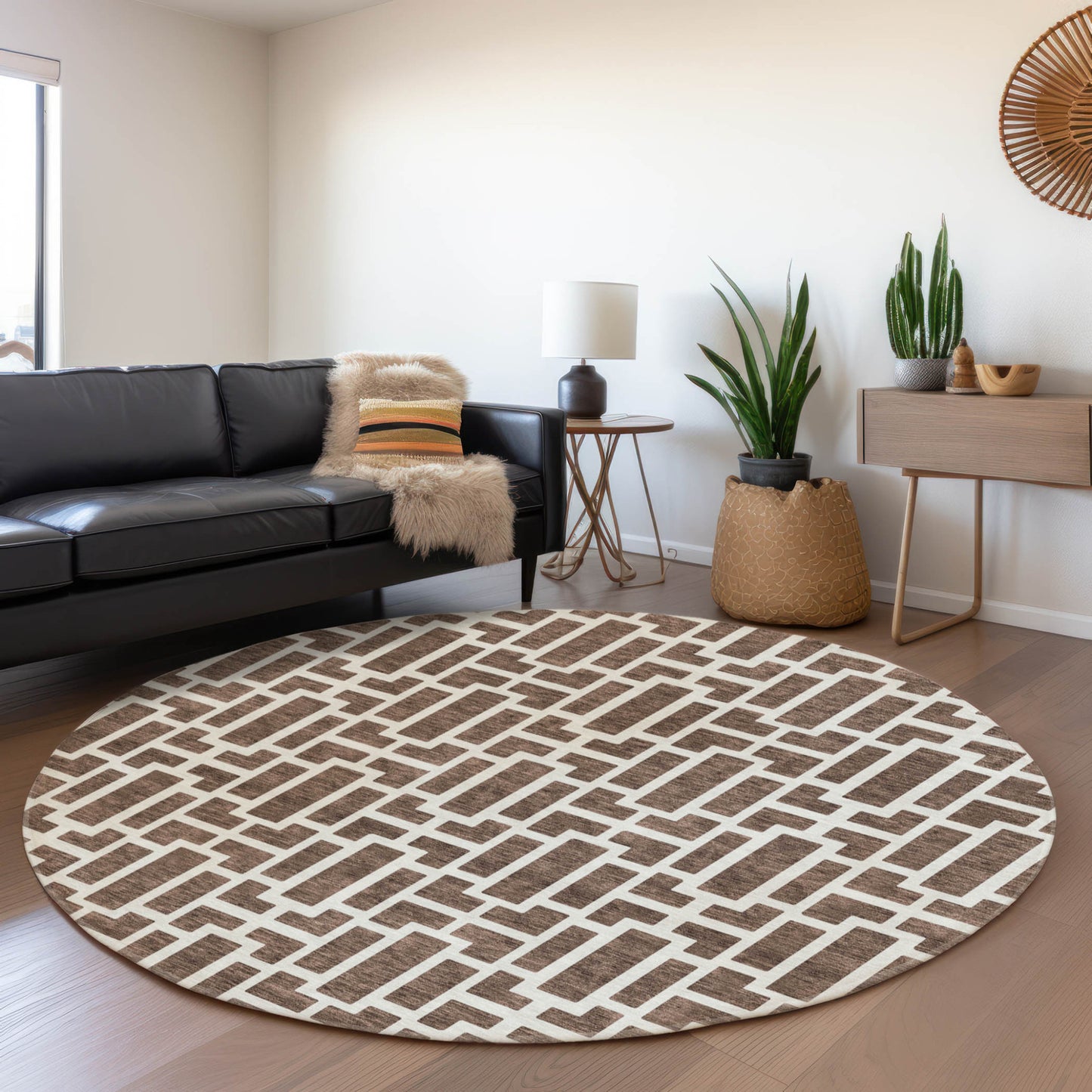 Tabselect Home Line 8' Brown And Beige Round Geometric Washable Indoor Outdoor Area Rug