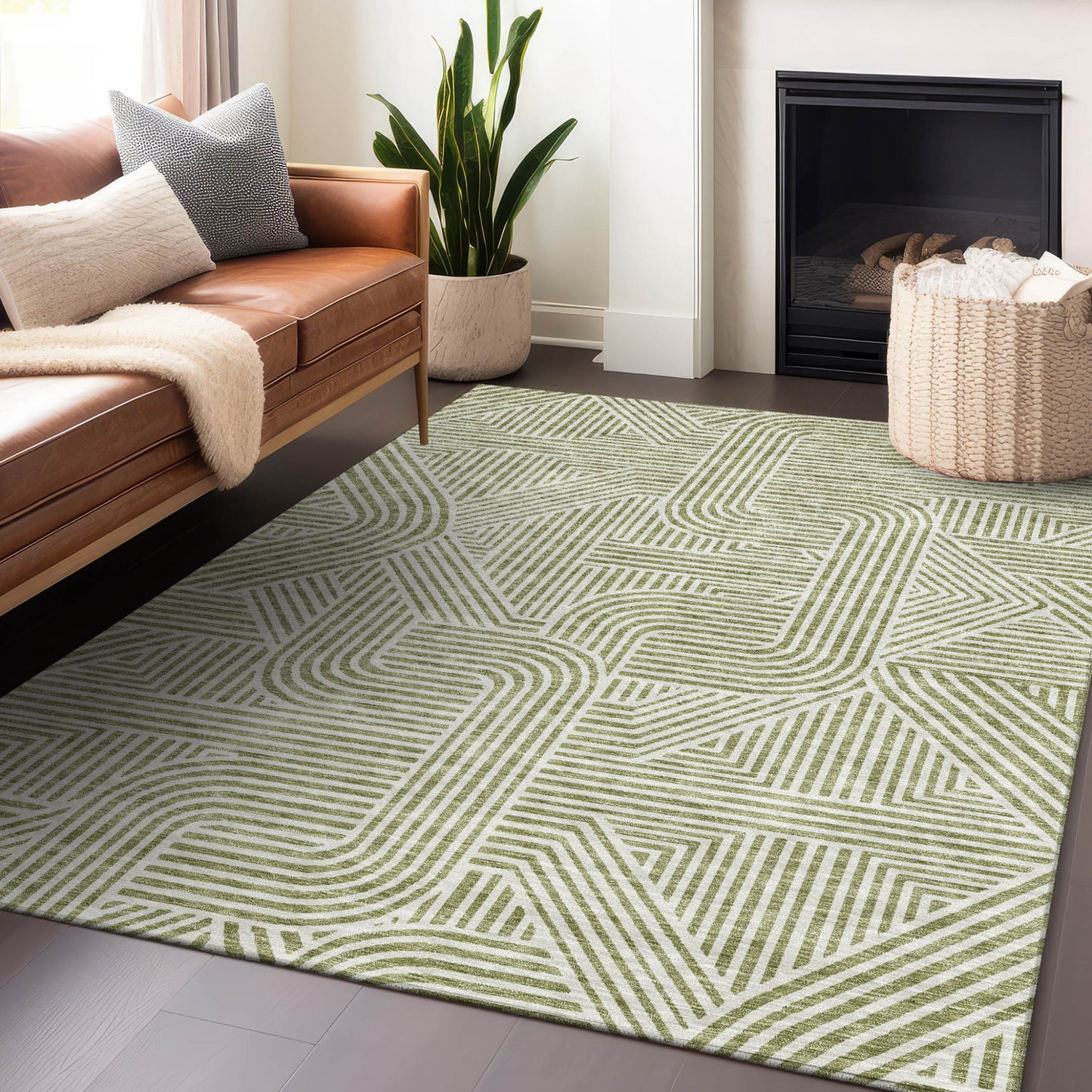 Tabselect Home Line 8' X 10' Artichoke Green And Ivory Abstract Washable Indoor Outdoor Area Rug