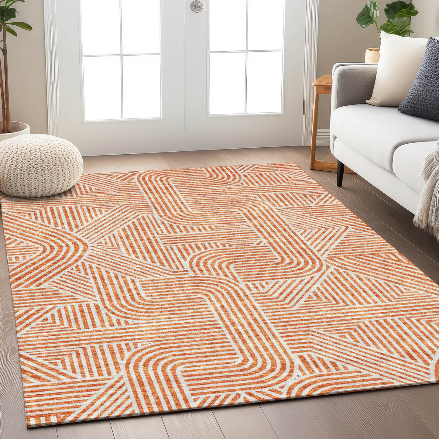 Tabselect Home Line 5' X 8' Orange And Ivory Abstract Washable Indoor Outdoor Area Rug