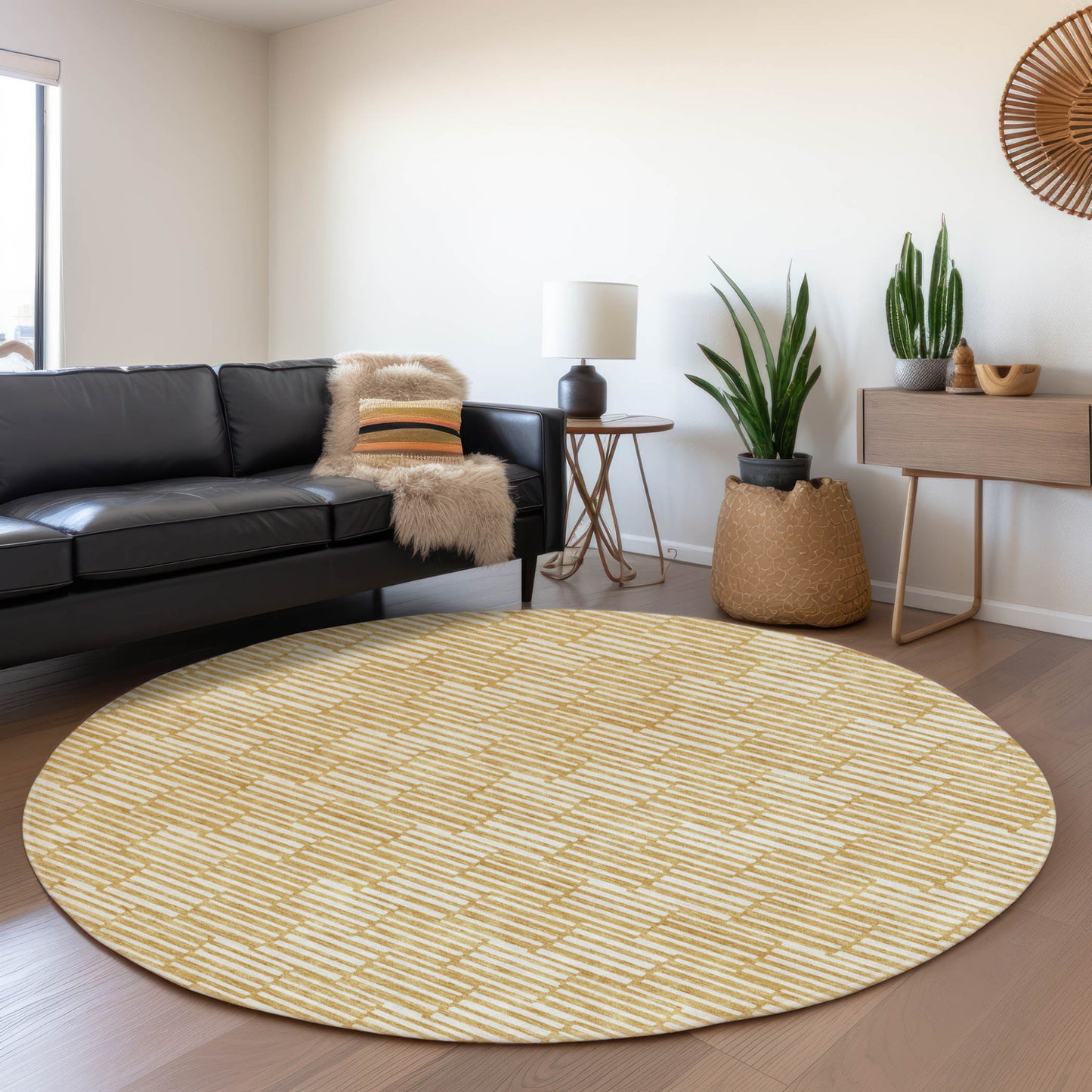 Tabselect Home Line 8' Gold And Beige Round Geometric Washable Indoor Outdoor Area Rug