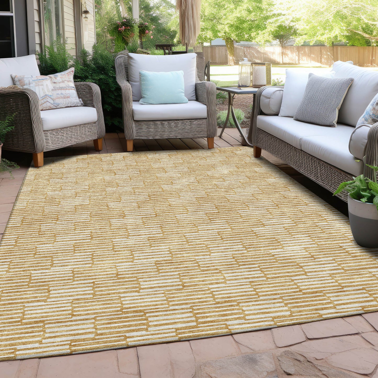 Tabselect Home Line 8' X 10' Gold And Beige Geometric Washable Indoor Outdoor Area Rug