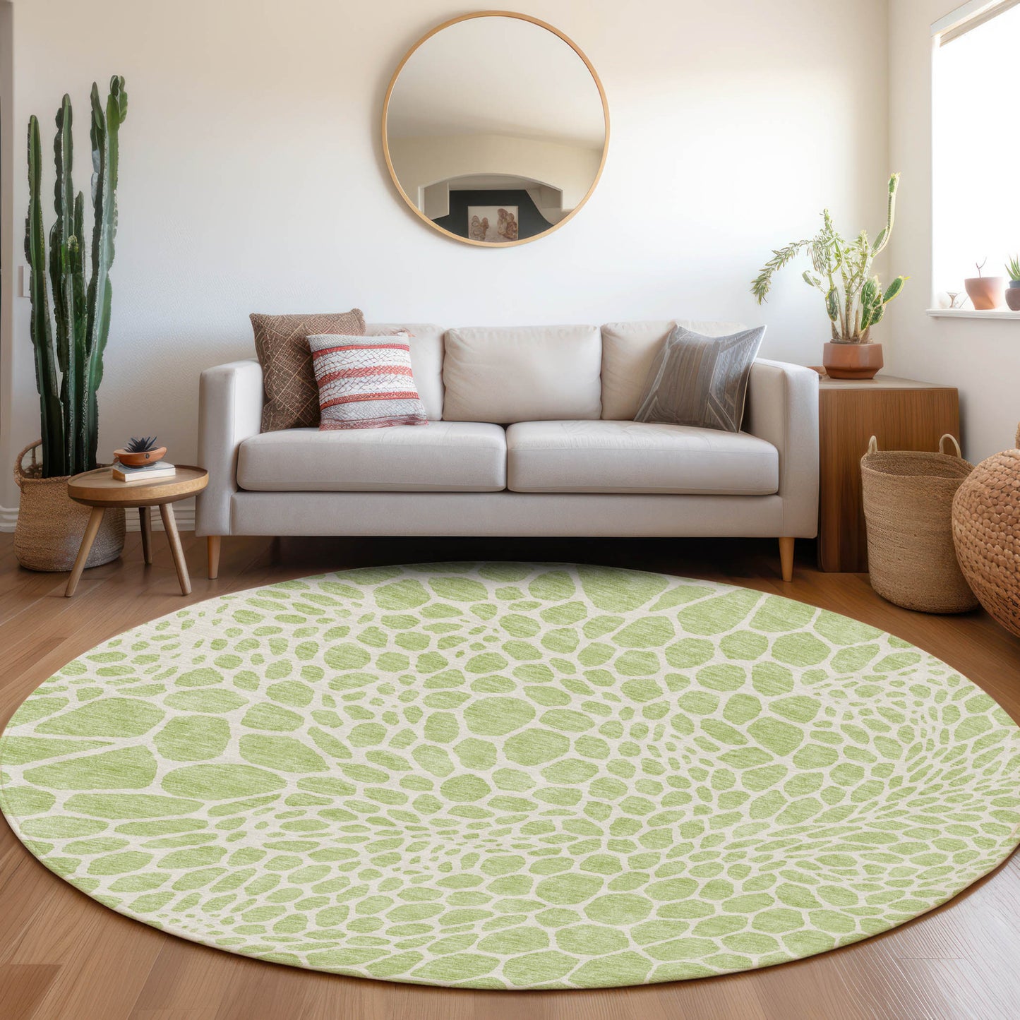 Tabselect Home Line 8' Artichoke Green And Ivory Round Geometric Washable Indoor Outdoor Area Rug