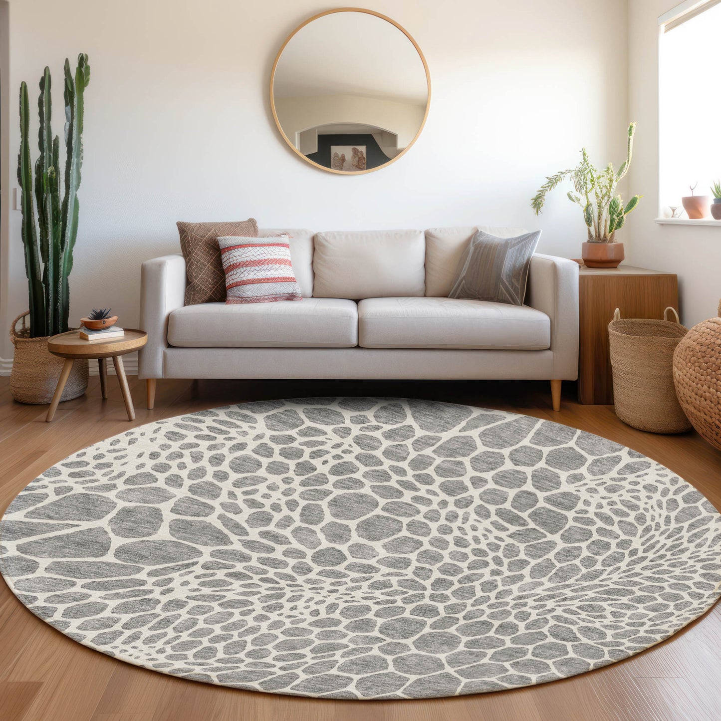 Tabselect Home Line 8' Gray And Ivory Round Geometric Washable Indoor Outdoor Area Rug