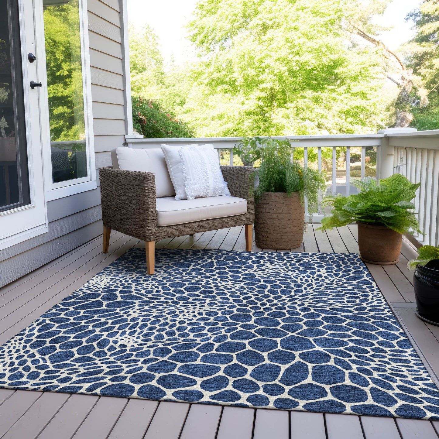 Tabselect Home Line 8' X 10' Navy Blue And Ivory Geometric Washable Indoor Outdoor Area Rug
