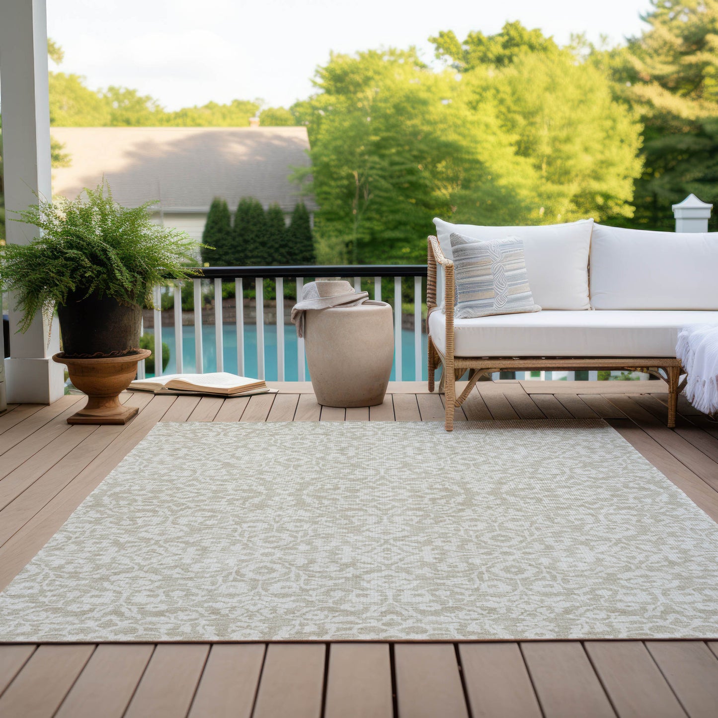 Tabselect Home Line 5' X 8' Beige And Ivory Damask Washable Indoor Outdoor Area Rug