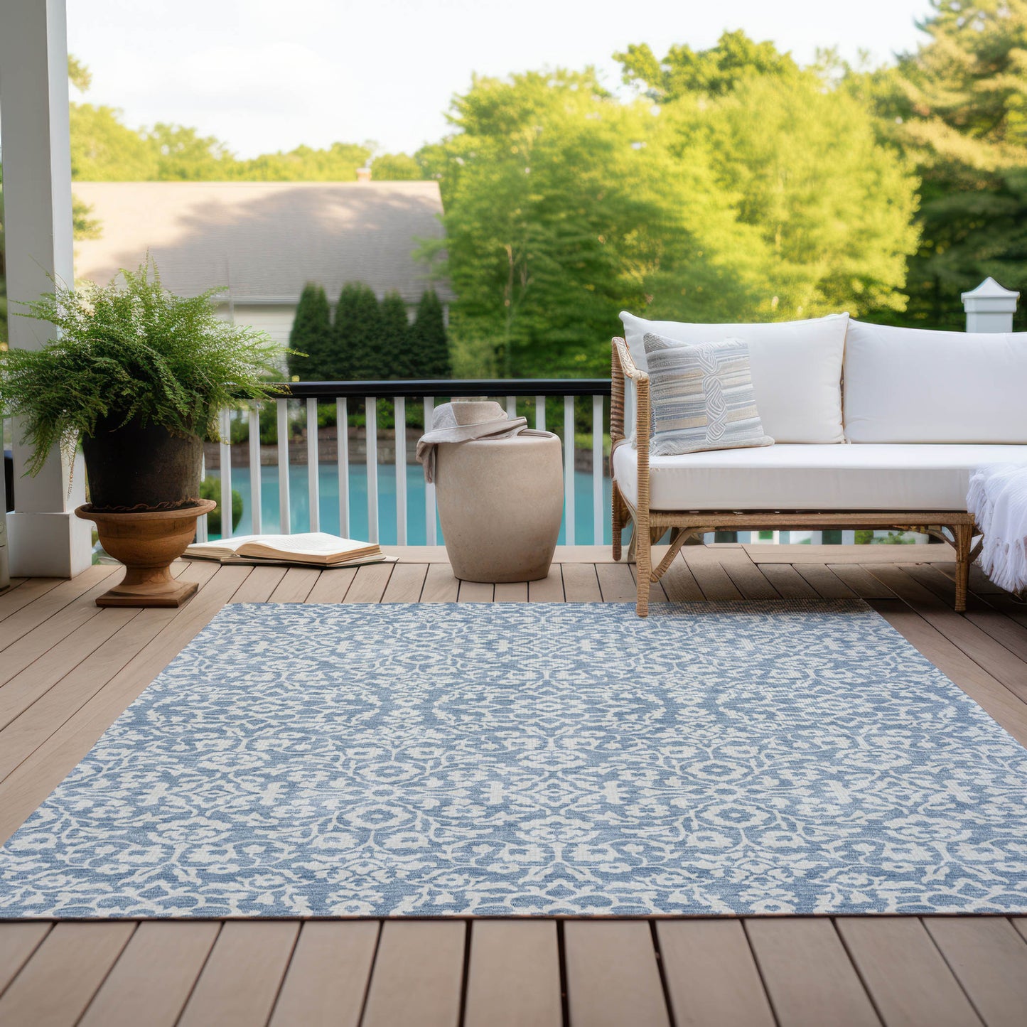 Tabselect Home Line 5' X 8' Denim Blue And Ivory Damask Washable Indoor Outdoor Area Rug