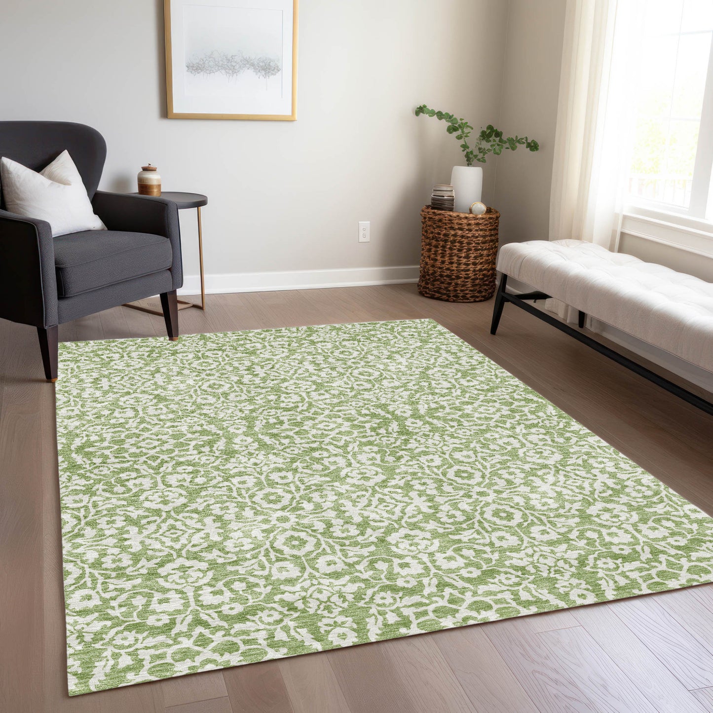 Tabselect Home Line 8' X 10' Green And Ivory Damask Washable Indoor Outdoor Area Rug
