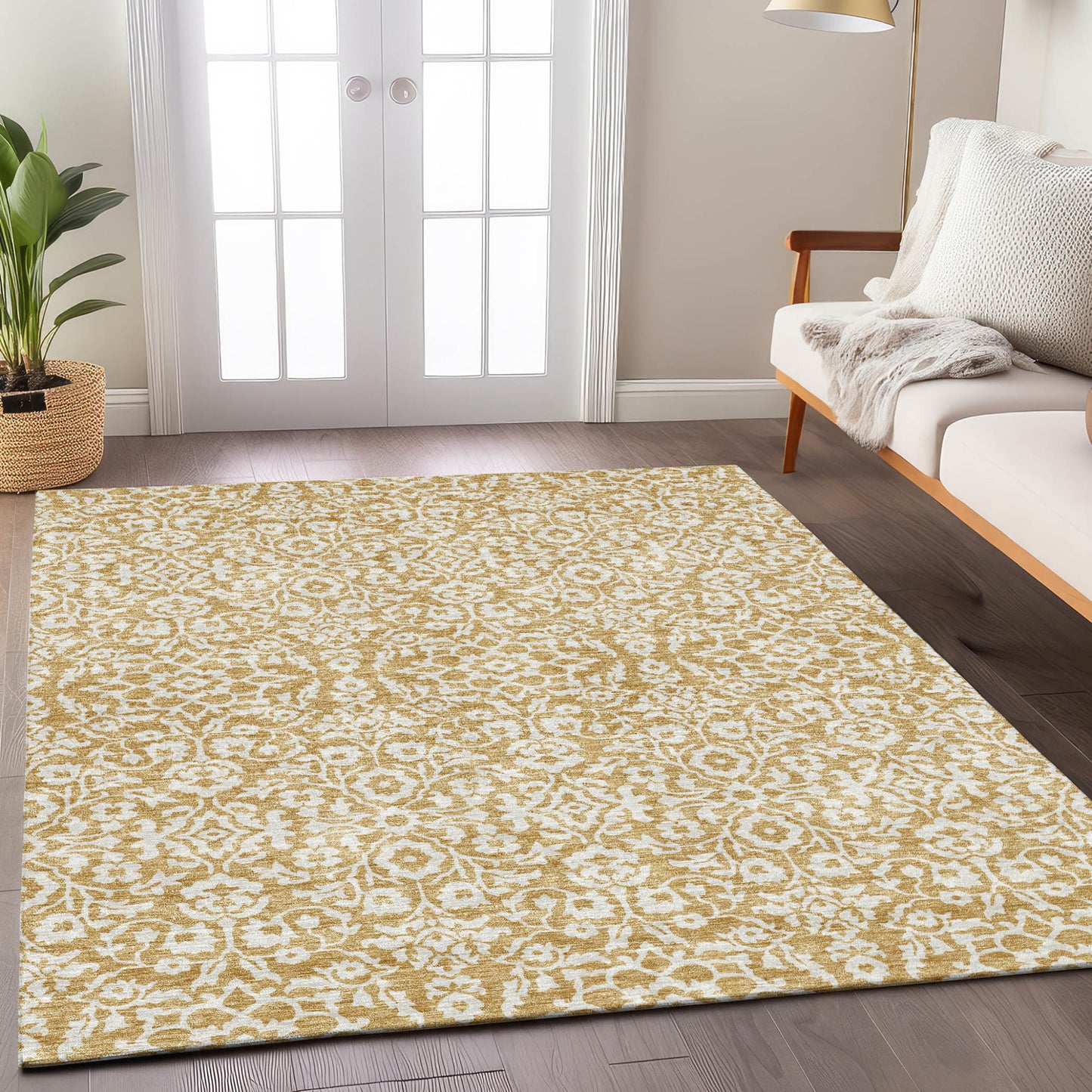Tabselect Home Line 8' X 10' Gold And Beige Damask Washable Indoor Outdoor Area Rug