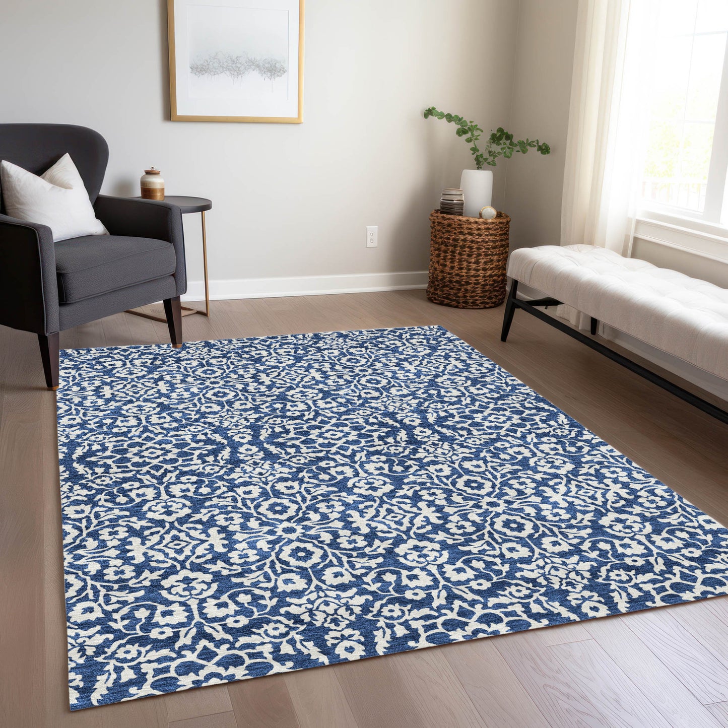 Tabselect Home Line 8' X 10' Navy Blue And Ivory Damask Washable Indoor Outdoor Area Rug