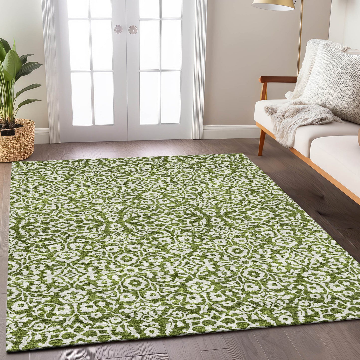 Tabselect Home Line 8' X 10' Olive Green And Ivory Damask Washable Indoor Outdoor Area Rug