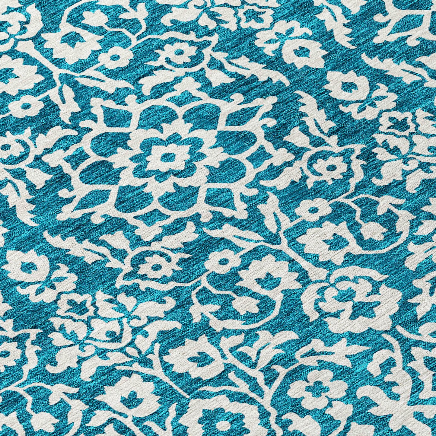 Tabselect Home Line 8' Teal Blue And Ivory Round Damask Washable Indoor Outdoor Area Rug