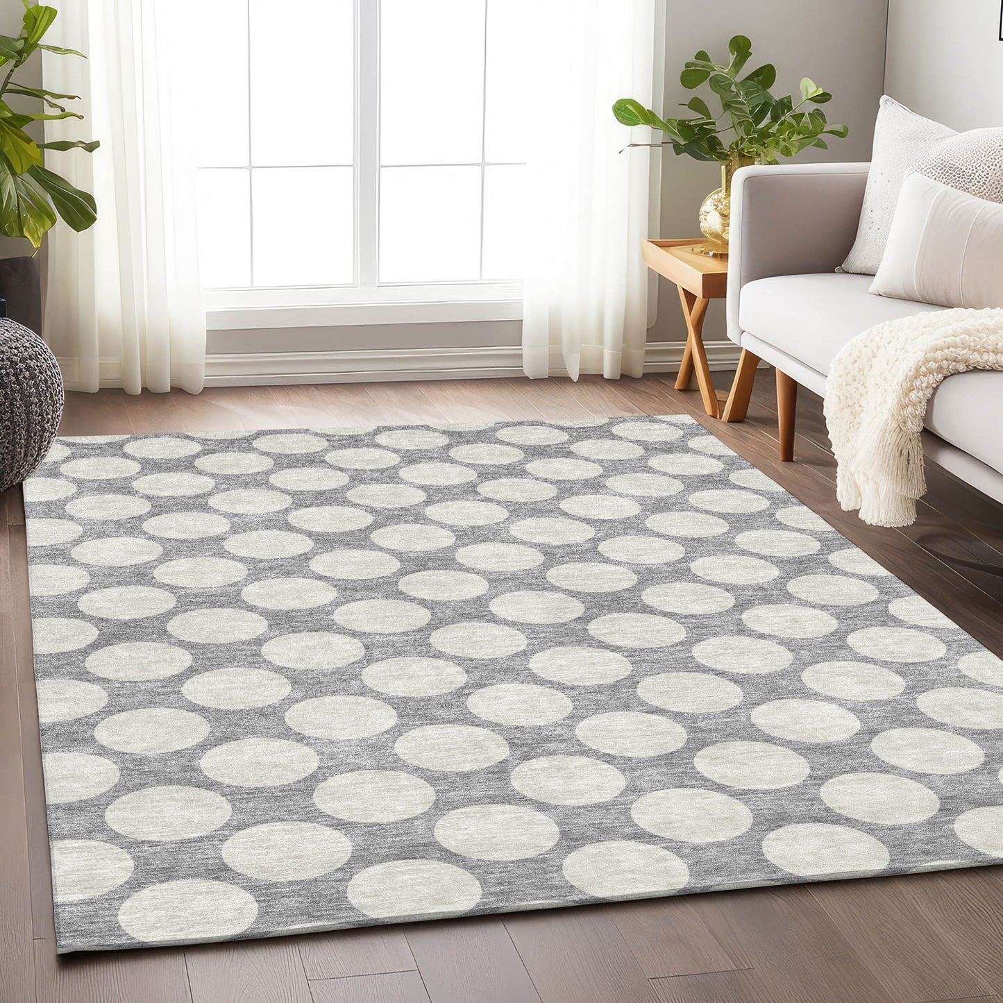 Tabselect Home Line 5' X 8' Gray And Silver Polka Dot Washable Indoor Outdoor Area Rug