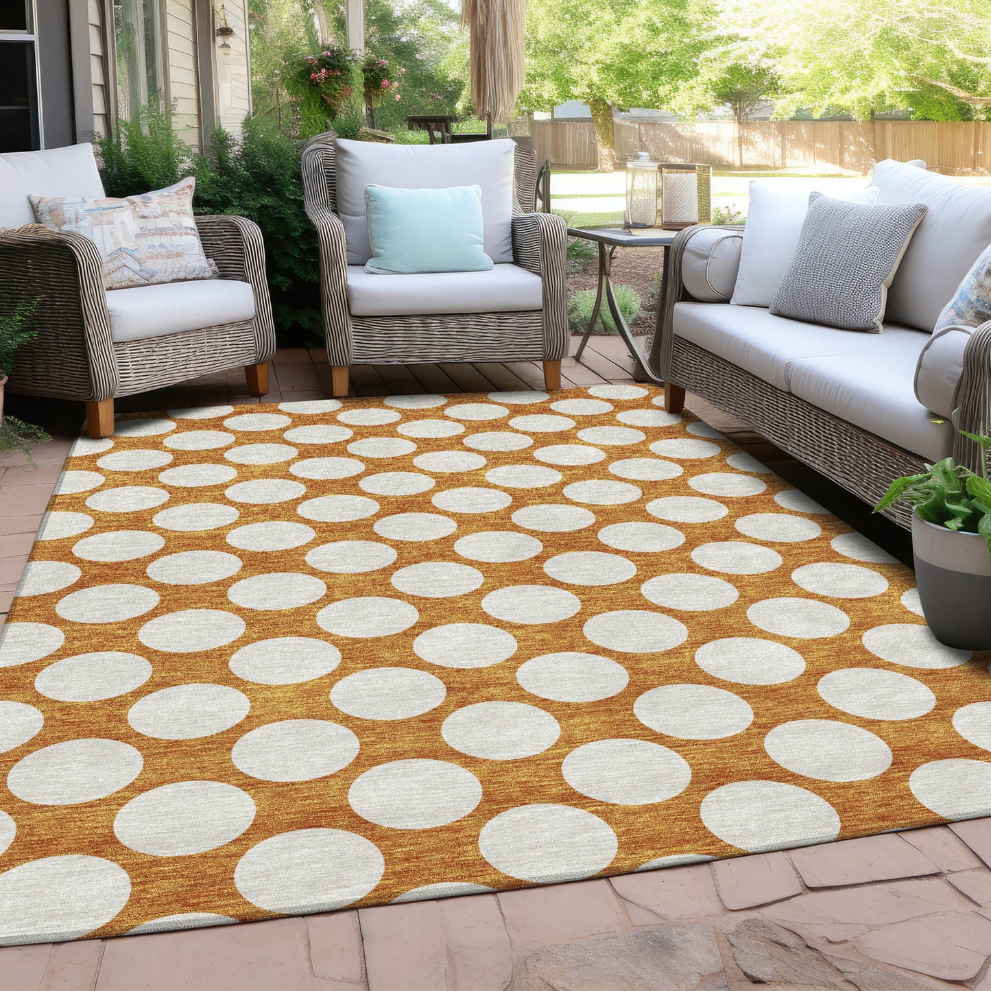 Tabselect Home Line 8' X 10' Orange And Ivory Polka Dot Washable Indoor Outdoor Area Rug