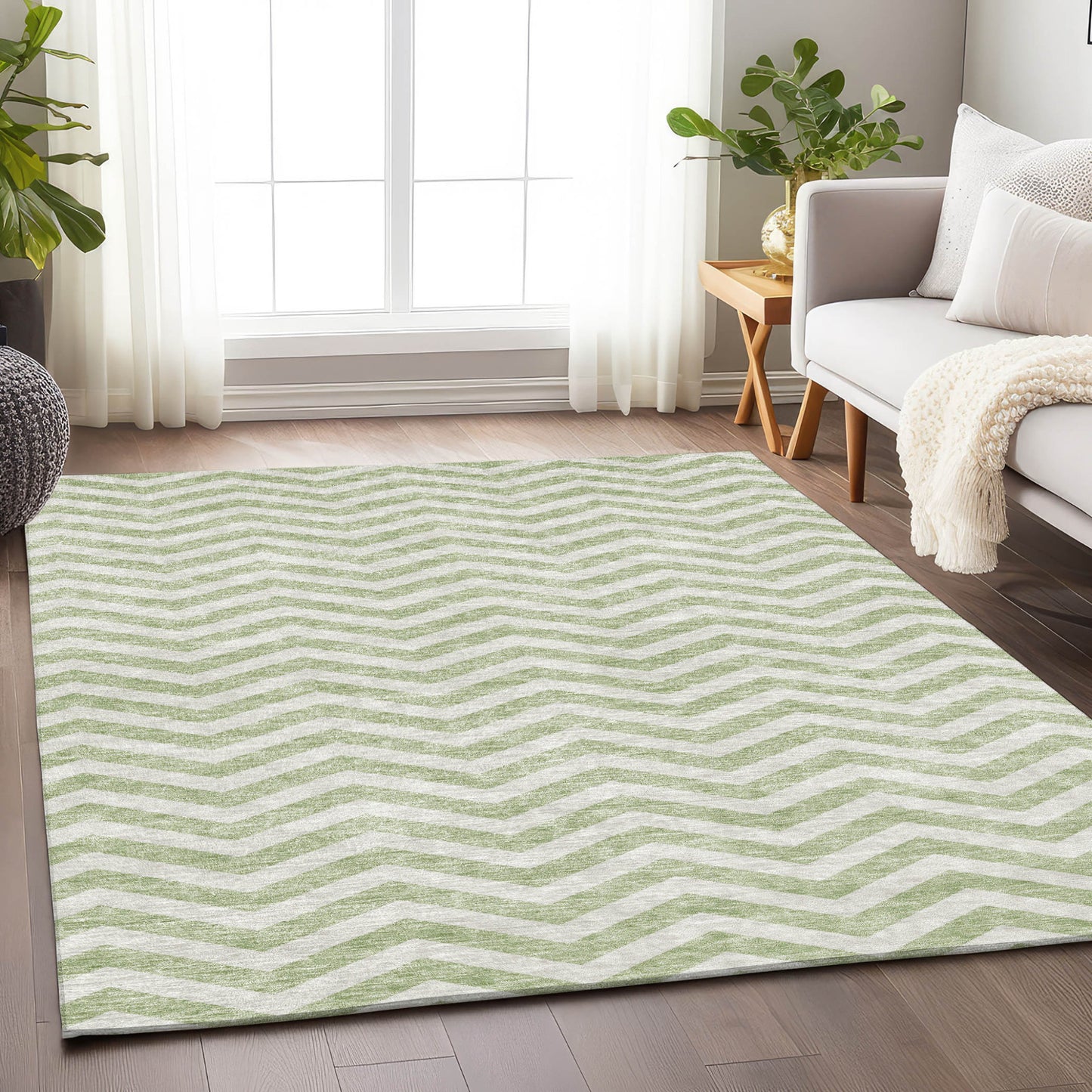 Tabselect Home Line 5' X 8' Artichoke Green And Ivory Chevron Washable Indoor Outdoor Area Rug