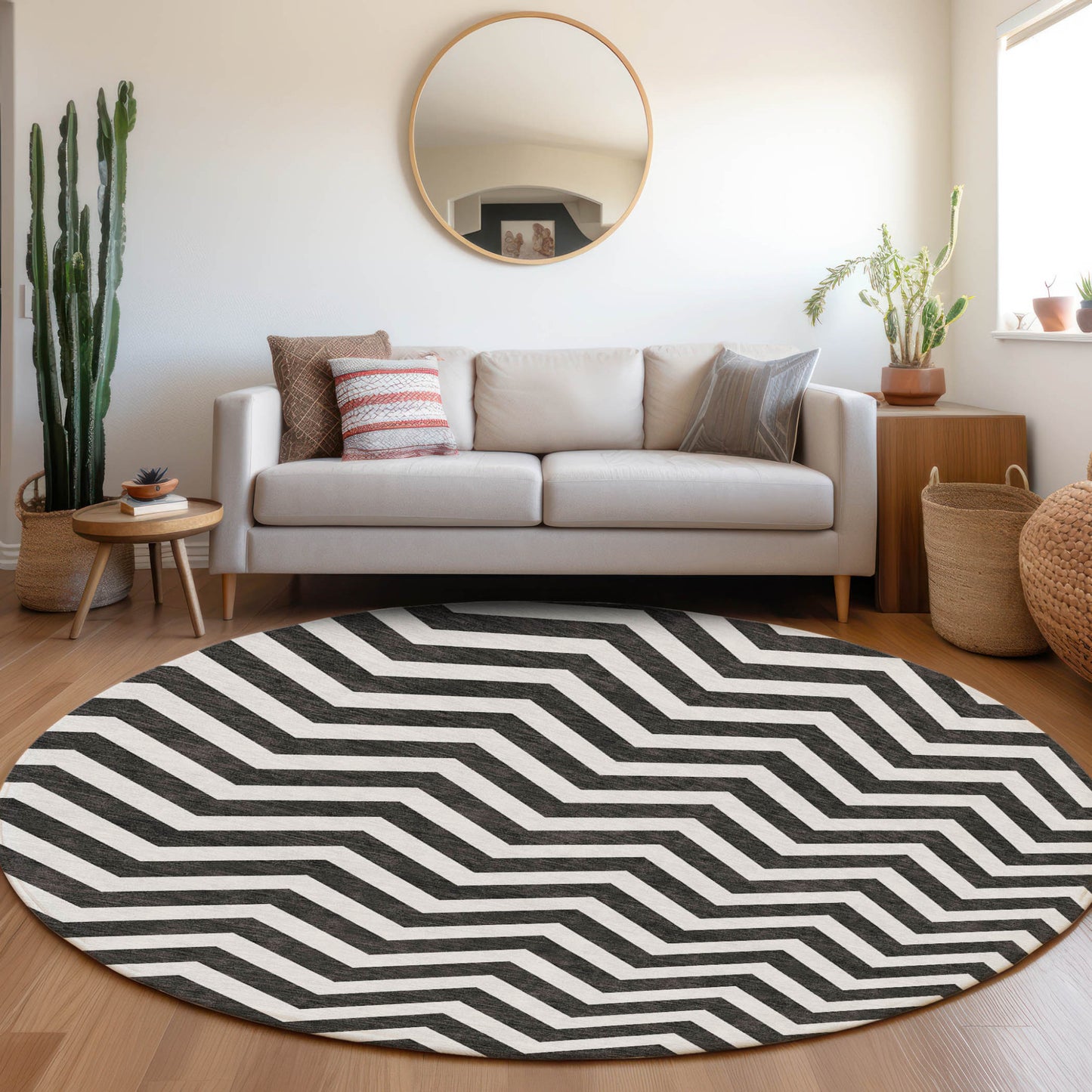 Tabselect Home Line 8' Black And Ivory Round Chevron Washable Indoor Outdoor Area Rug
