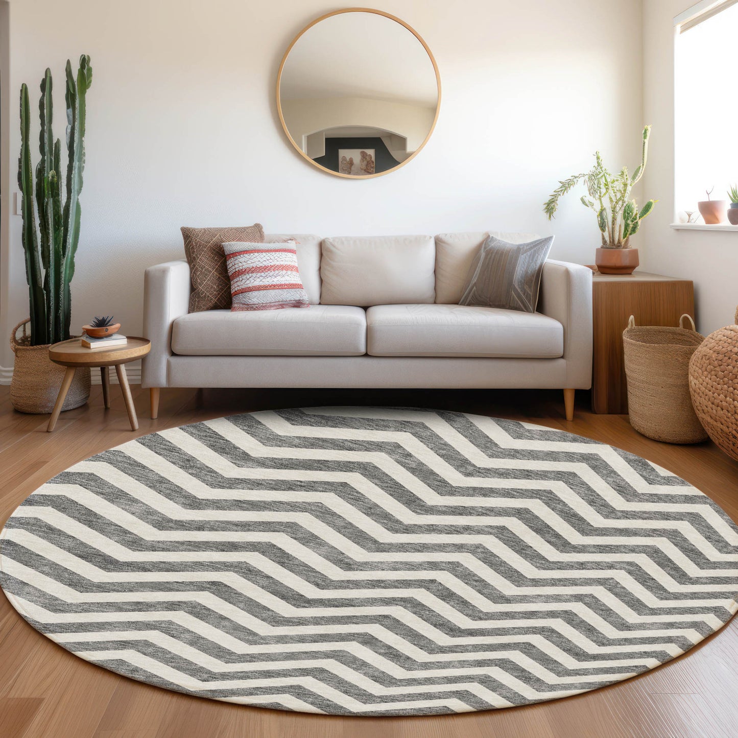 Tabselect Home Line 8' Gray And Ivory Round Chevron Washable Indoor Outdoor Area Rug