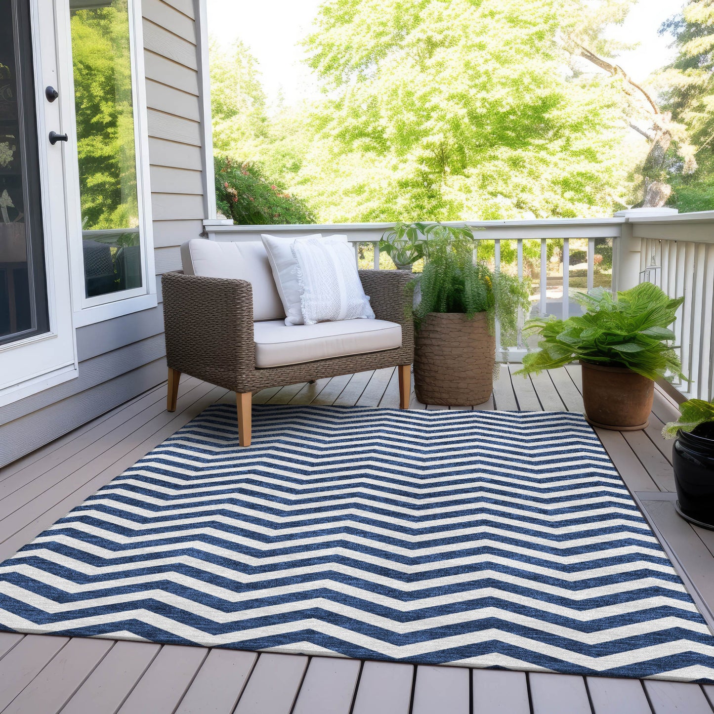 Tabselect Home Line 8' X 10' Navy Blue And Ivory Chevron Washable Indoor Outdoor Area Rug