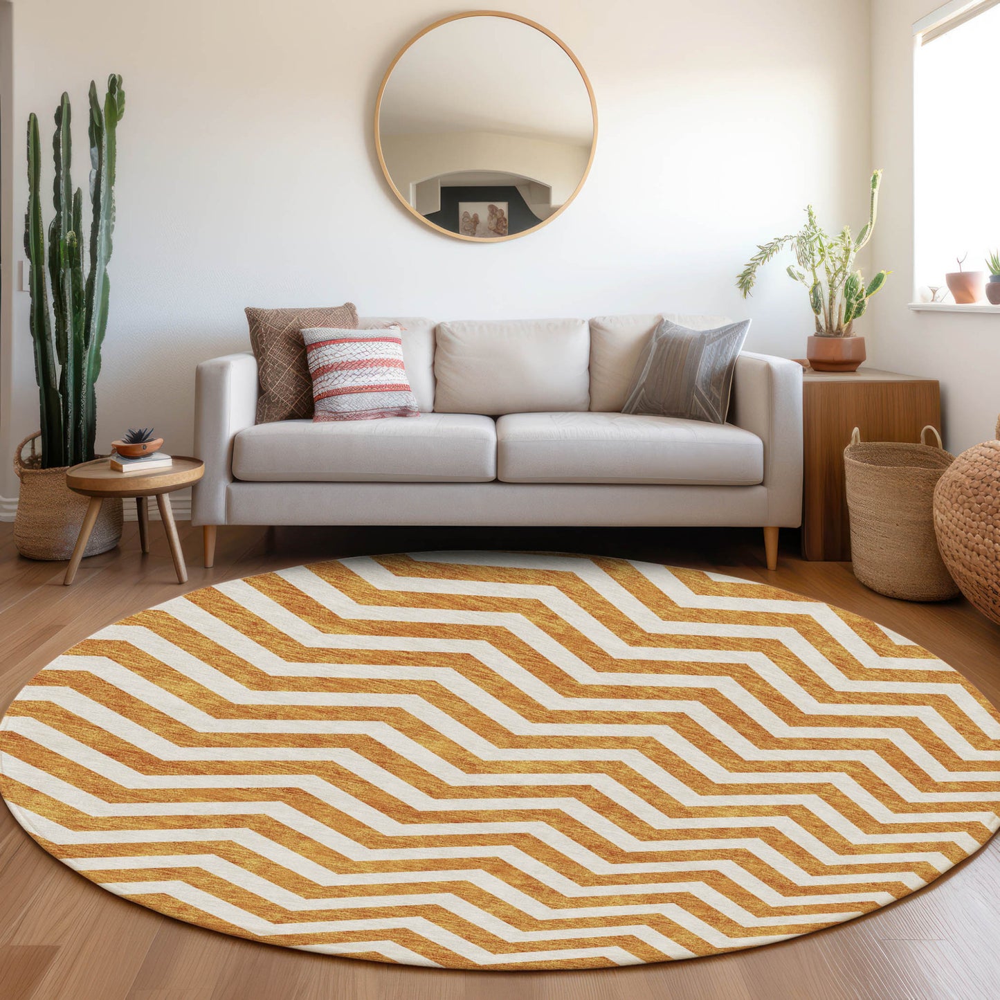 Tabselect Home Line 8' Orange And Beige Round Chevron Washable Indoor Outdoor Area Rug