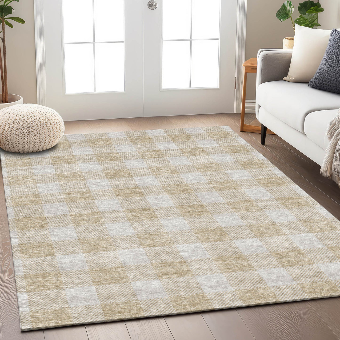 Tabselect Home Line 8' X 10' Beige And Gray Plaid Washable Indoor Outdoor Area Rug