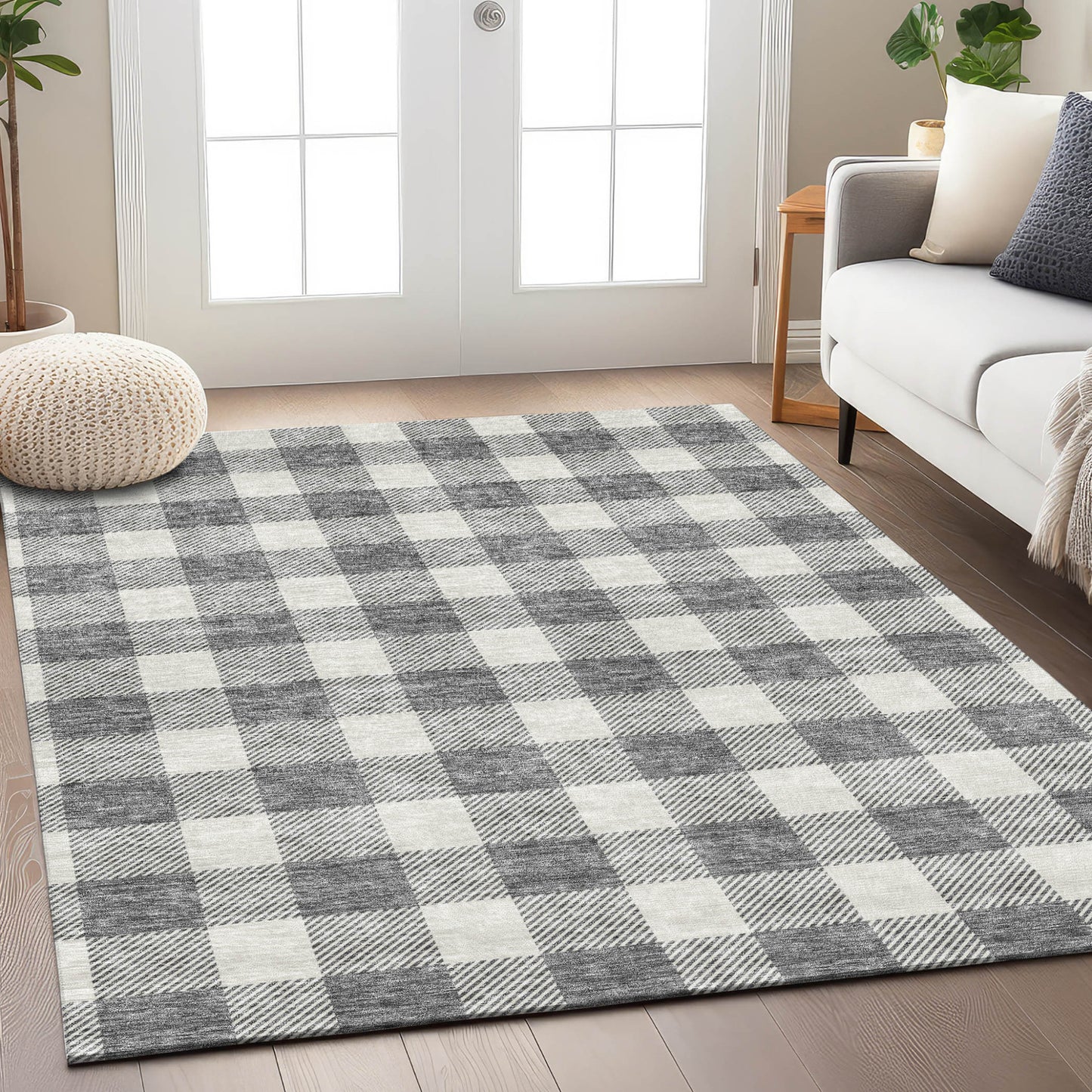 Tabselect Home Line 8' X 10' Gray And Charcoal Plaid Washable Indoor Outdoor Area Rug