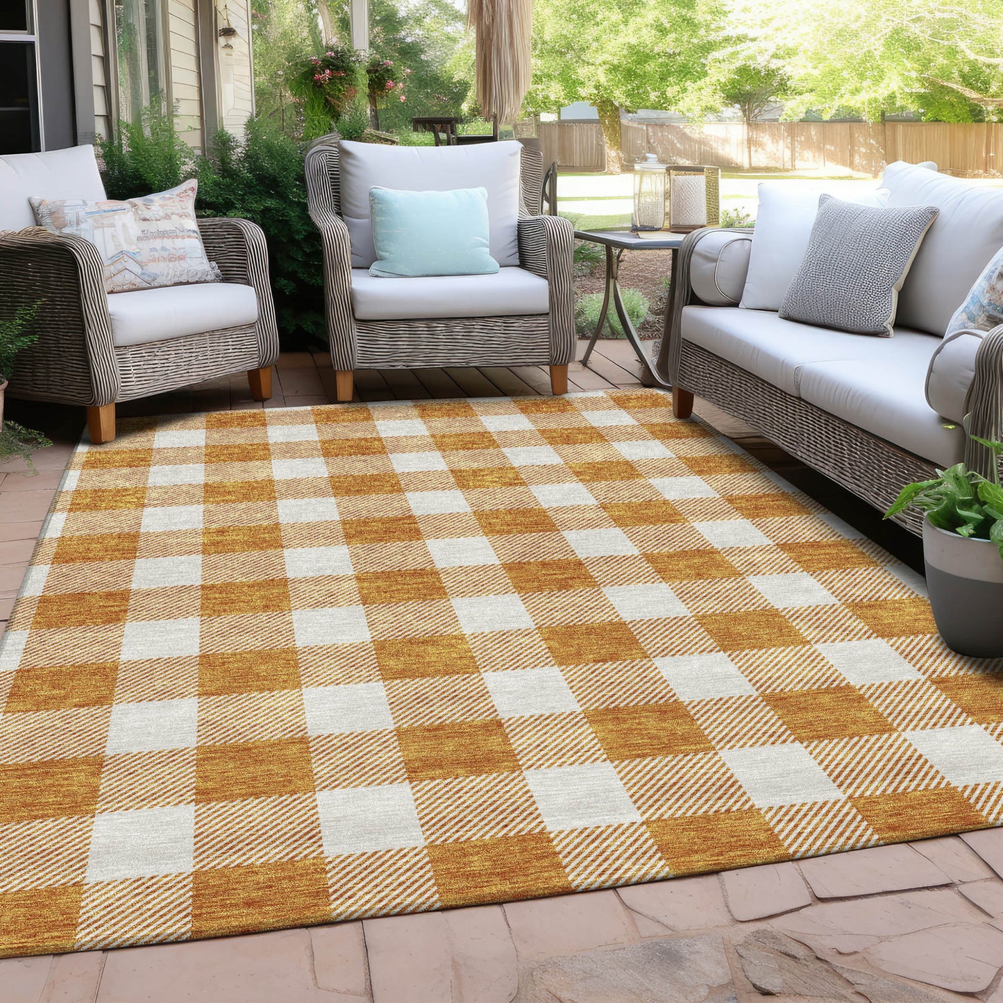 Tabselect Home Line 5' X 8' Orange And Beige Plaid Washable Indoor Outdoor Area Rug