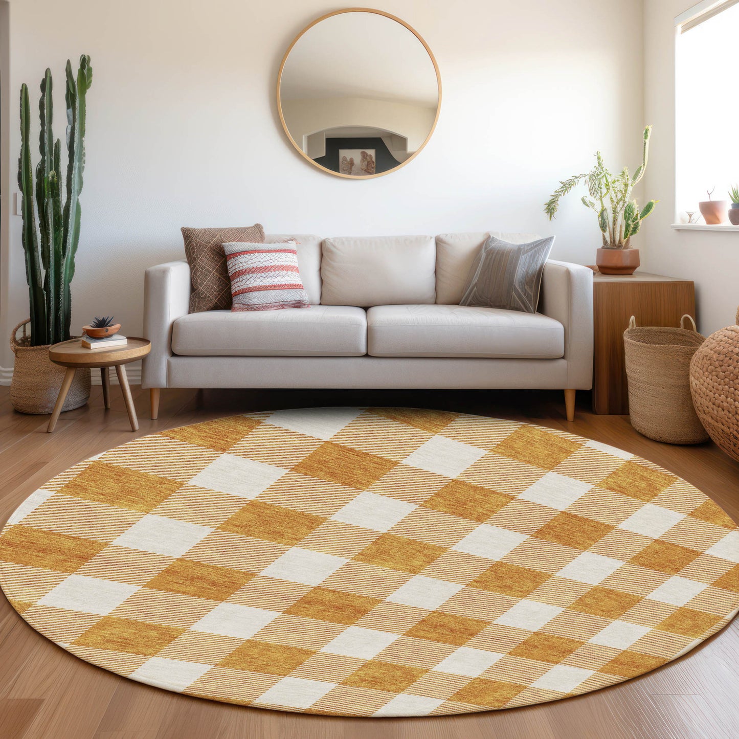 Tabselect Home Line 8' Orange And Beige Round Plaid Washable Indoor Outdoor Area Rug