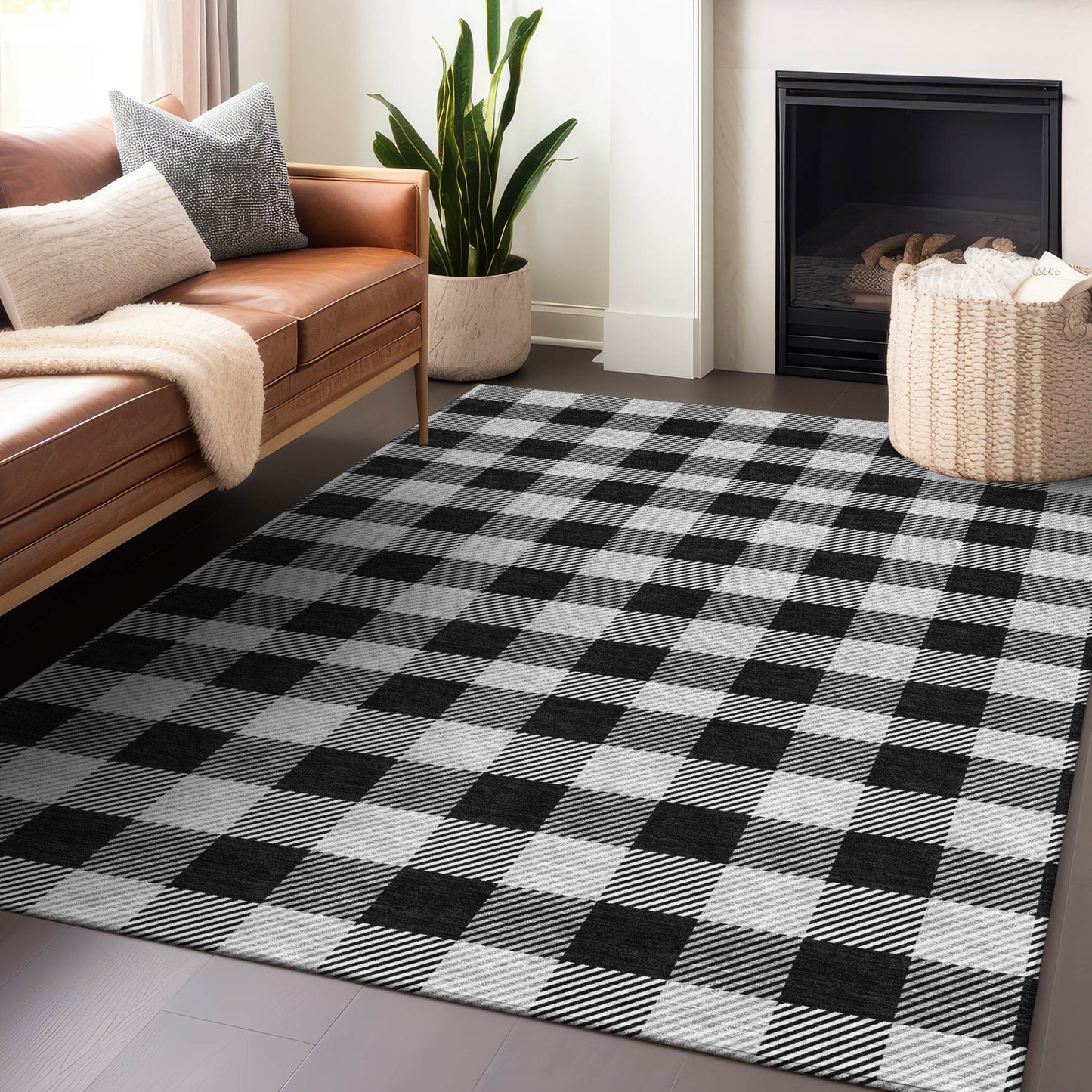 Tabselect Home Line 8' X 10' Black Gray And Ivory Plaid Washable Indoor Outdoor Area Rug
