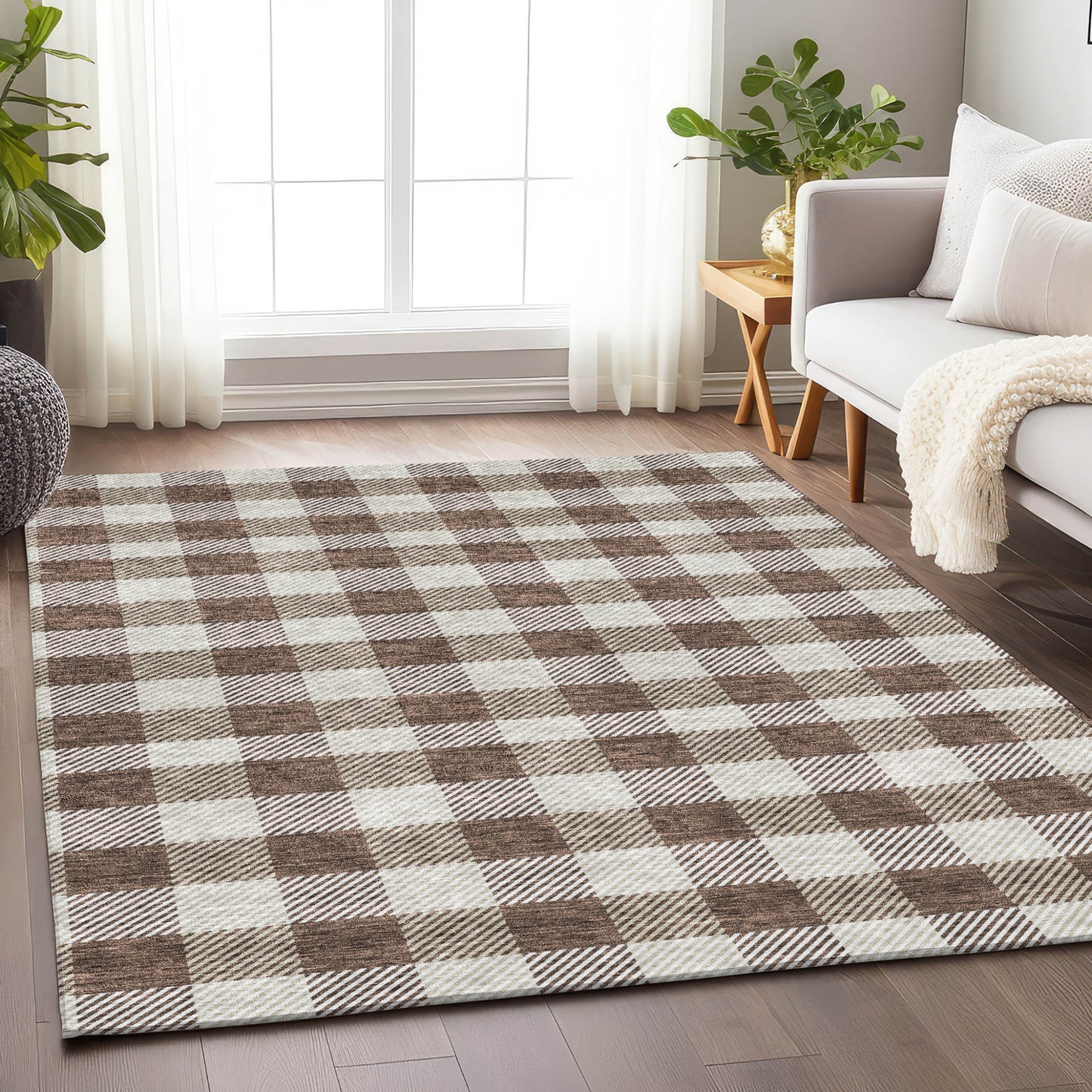 Tabselect Home Line 5' X 8' Brown And Beige Plaid Washable Indoor Outdoor Area Rug