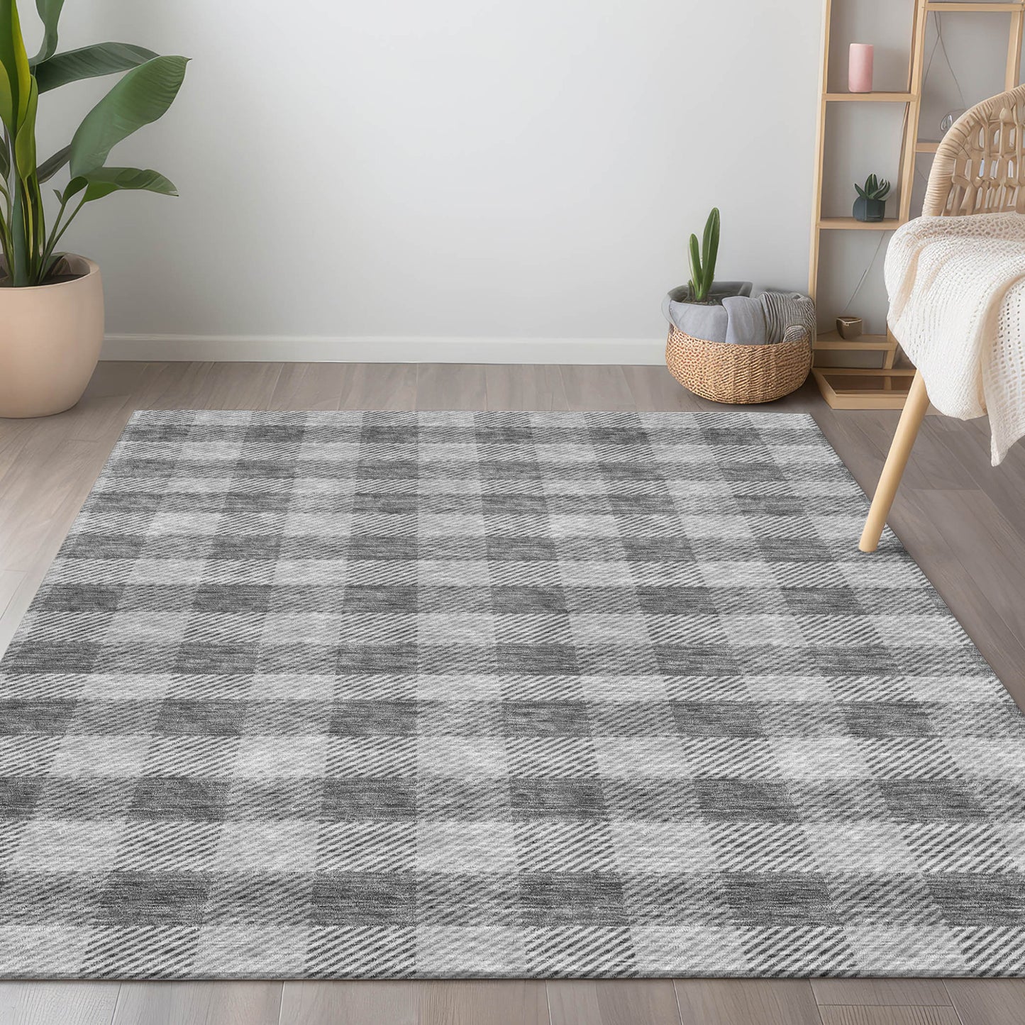 Tabselect Home Line 8' X 10' Gray And Charcoal Plaid Washable Indoor Outdoor Area Rug