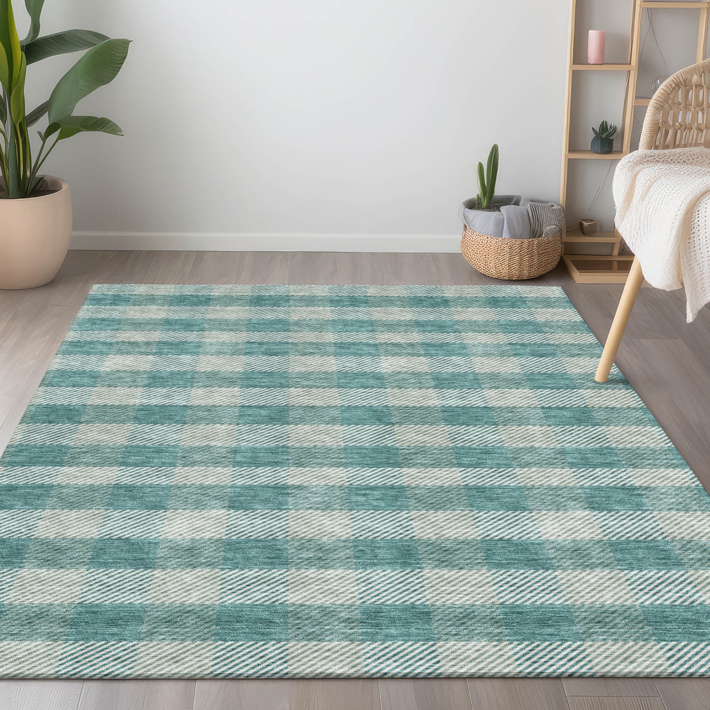 Tabselect Home Line 5' X 8' Teal Blue And Ivory Plaid Washable Indoor Outdoor Area Rug