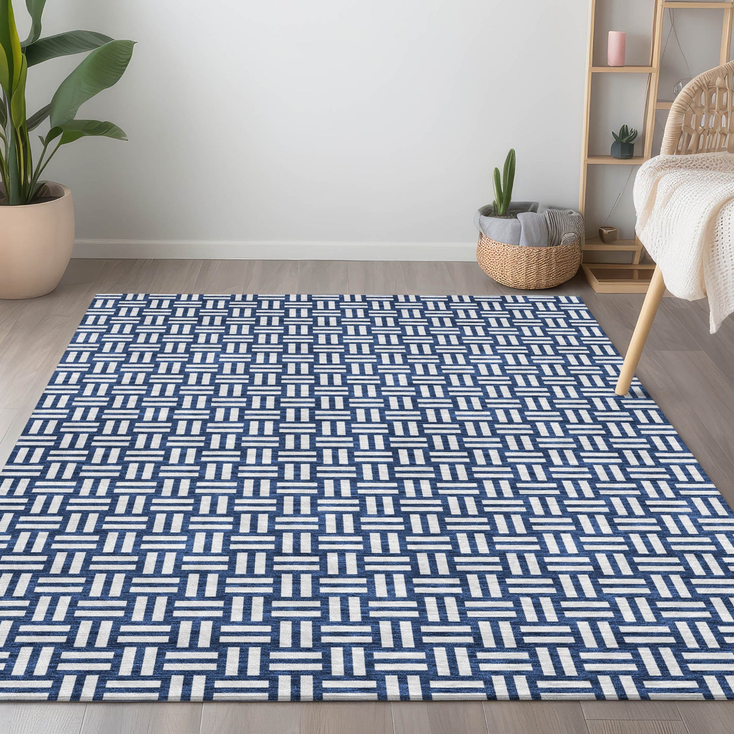 Tabselect Home Line 5' X 8' Navy Blue And Ivory Geometric Washable Indoor Outdoor Area Rug