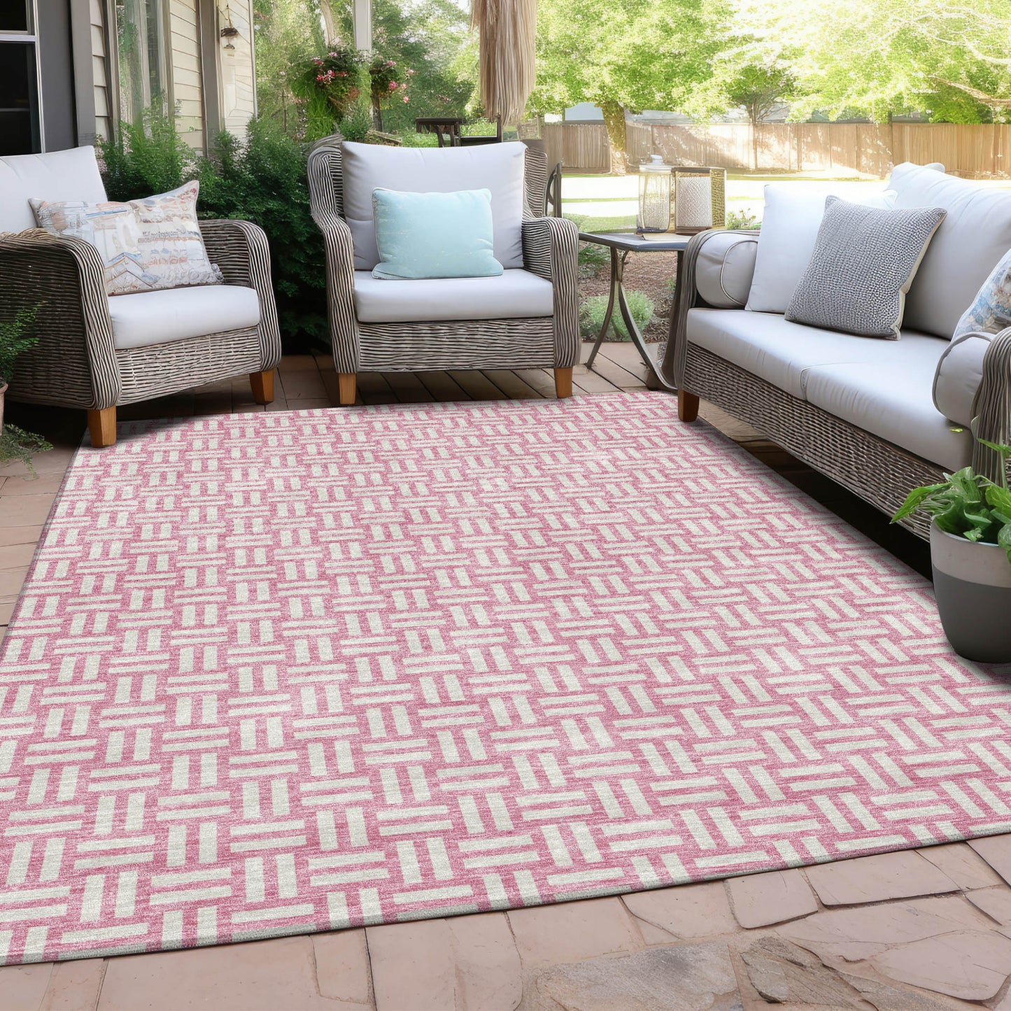 Tabselect Home Line 5' X 8' Pink And Ivory Geometric Washable Indoor Outdoor Area Rug
