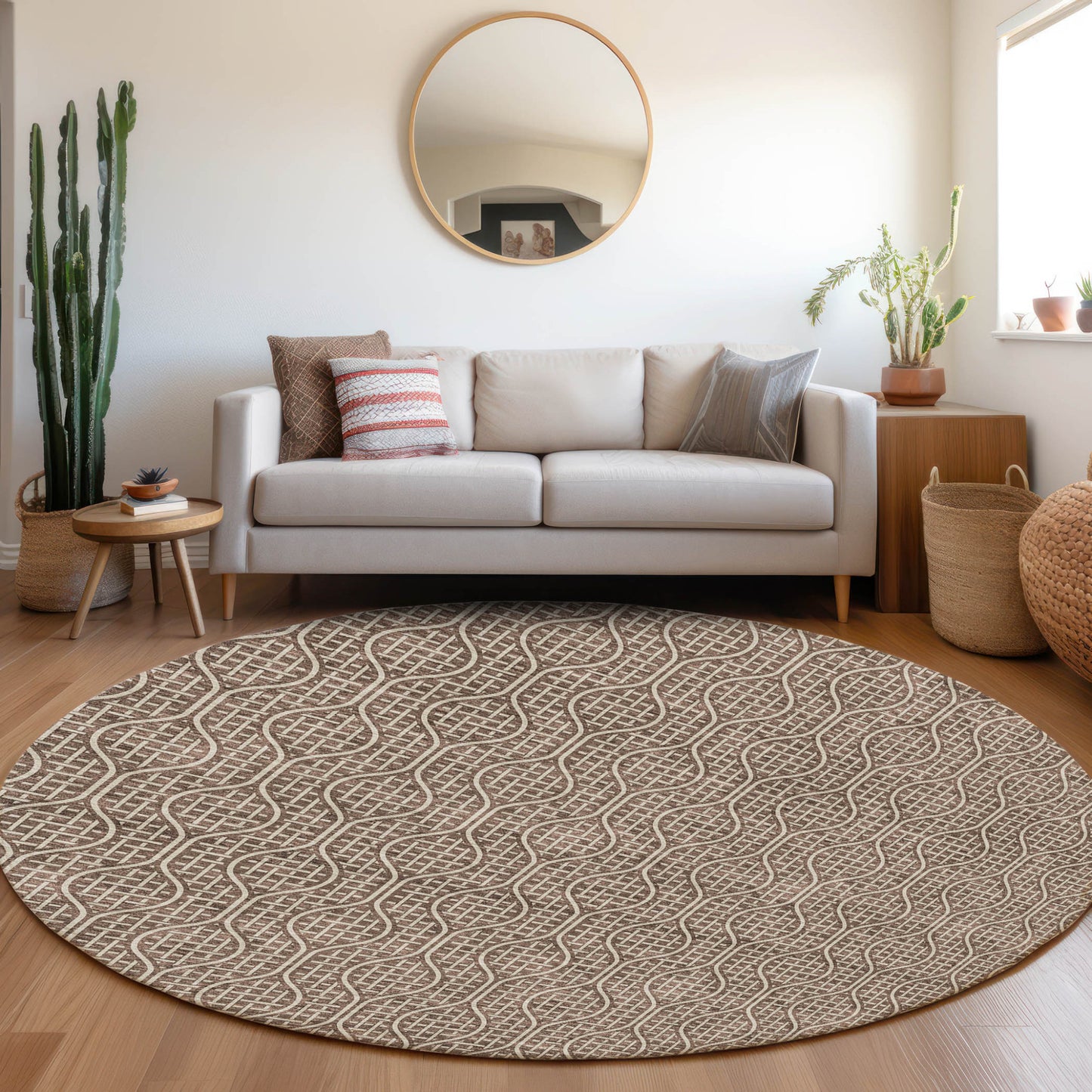 Tabselect Home Line 8' Brown And Beige Round Geometric Washable Indoor Outdoor Area Rug