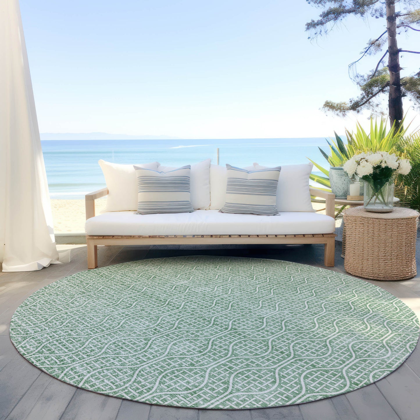Tabselect Home Line 8' Sage And Gray Round Geometric Washable Indoor Outdoor Area Rug