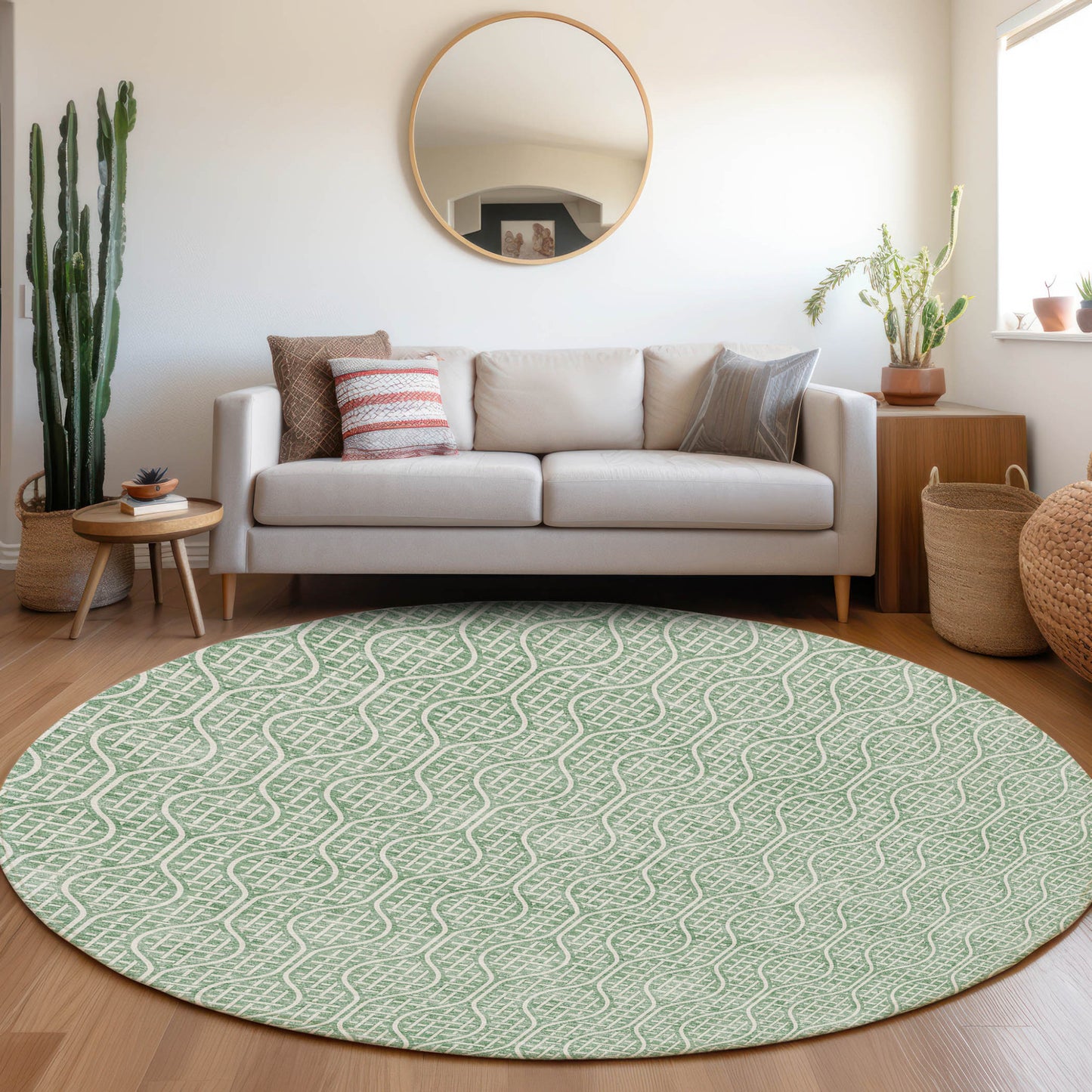 Tabselect Home Line 8' Sage And Gray Round Geometric Washable Indoor Outdoor Area Rug