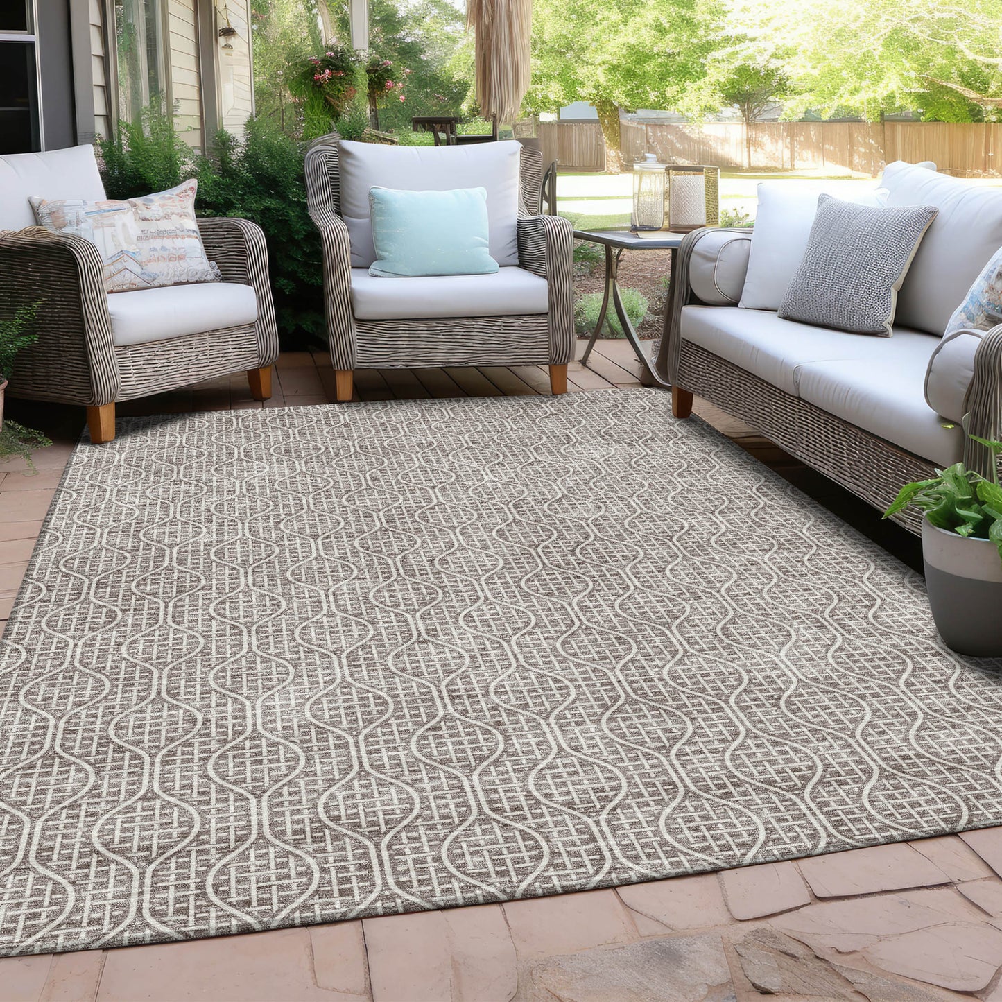 Tabselect Home Line 5' X 8' Taupe And Beige Geometric Washable Indoor Outdoor Area Rug