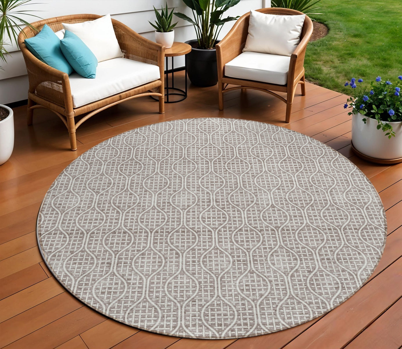 Tabselect Home Line 8' Taupe And Beige Round Geometric Washable Indoor Outdoor Area Rug