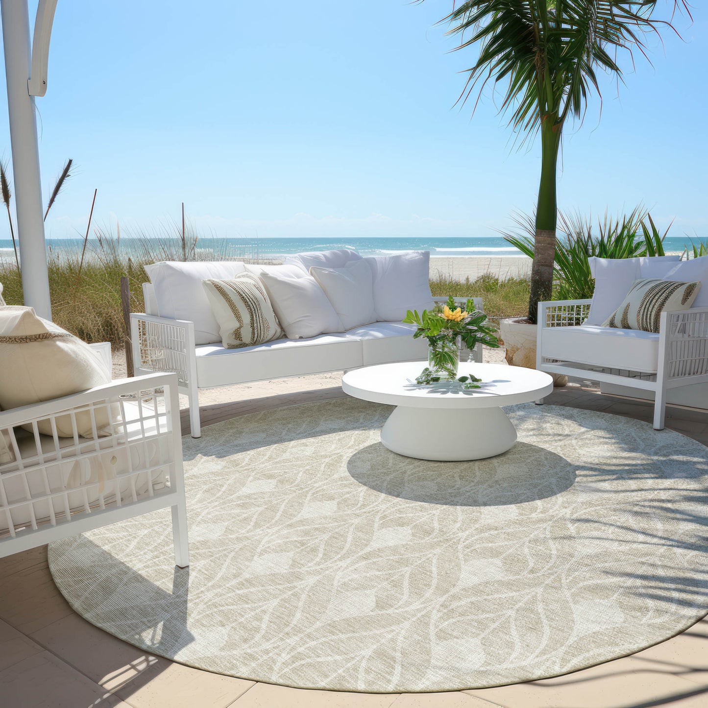 Tabselect Home Line 8' Beige And Ivory Round Geometric Washable Indoor Outdoor Area Rug