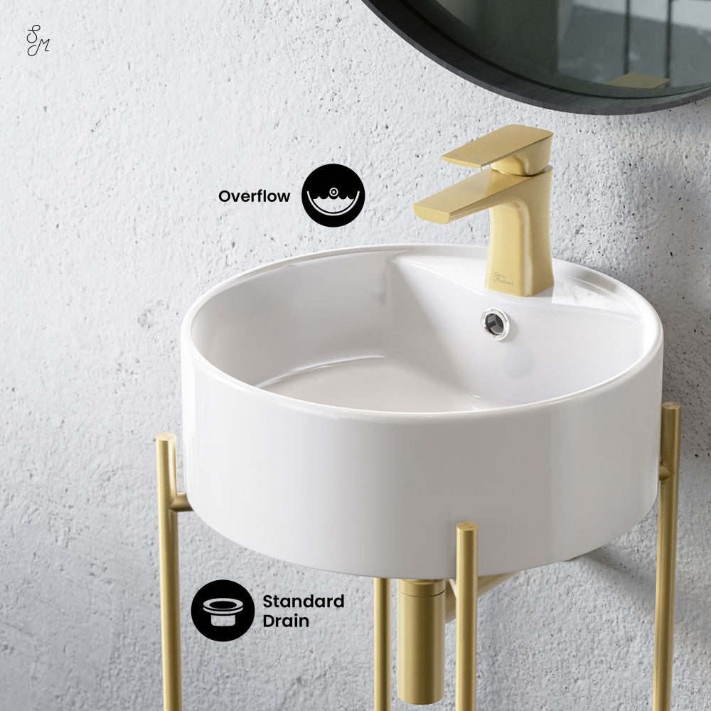 Swiss Madison Monaco 16" Round Console Sink with Faucet Mount, White Basin Brushed Gold Legs