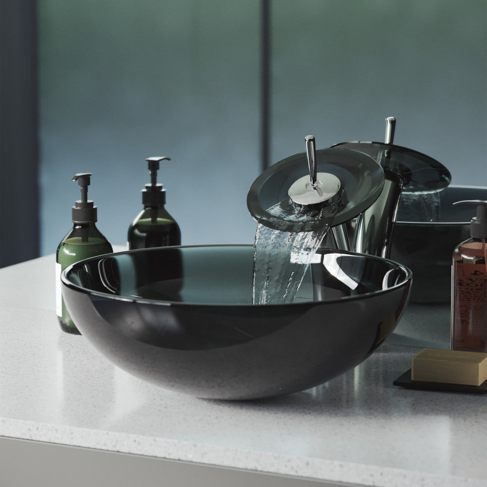 Swiss Madison Cascade 16.5 Color Glass Vessel Sink with Faucet, Black