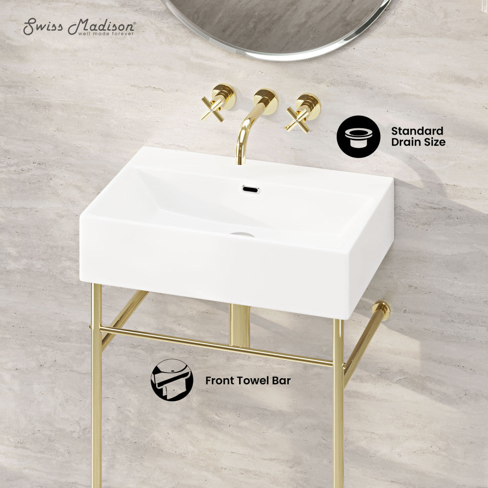 Swiss Madison Claire 24" Rectangle Zero Hole Console Sink with Glossy Gold Legs