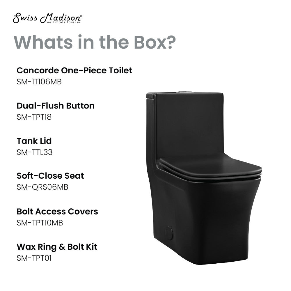 Swiss Madison Concorde One-Piece 12" Rough-in 1.1/1.6 GPF Dual Top Flush Square Toilet in Matte Black