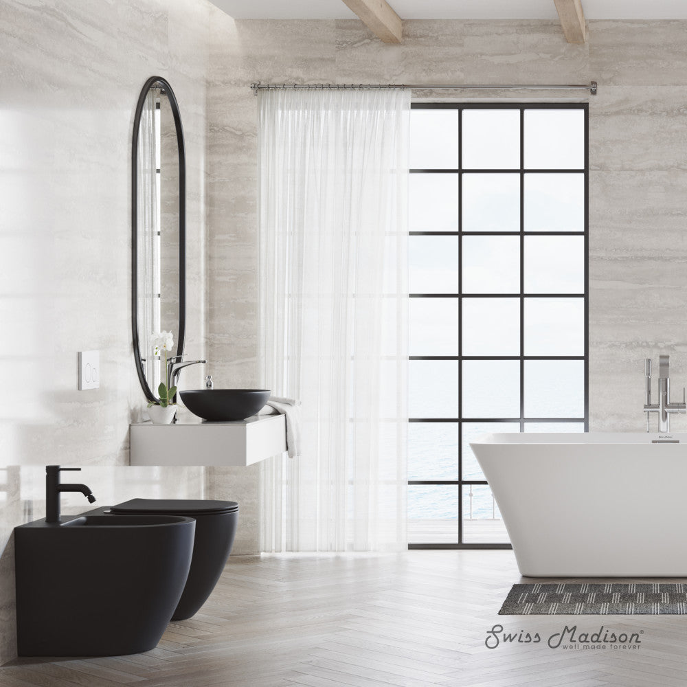 Swiss Madison St. Tropez Back-to-Wall Toilet Bundle 0.8/1.6 GPF Dual Flush in Matte Black with White Flush Plate