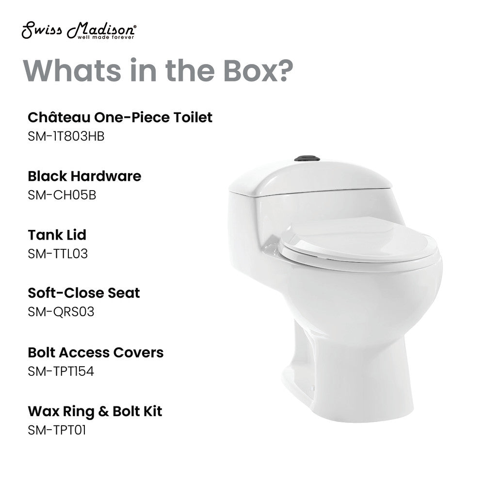 Swiss Madison Chateau One Piece Elongated Toilet Dual Flush, Black Hardware 1.1/1.6 gpf