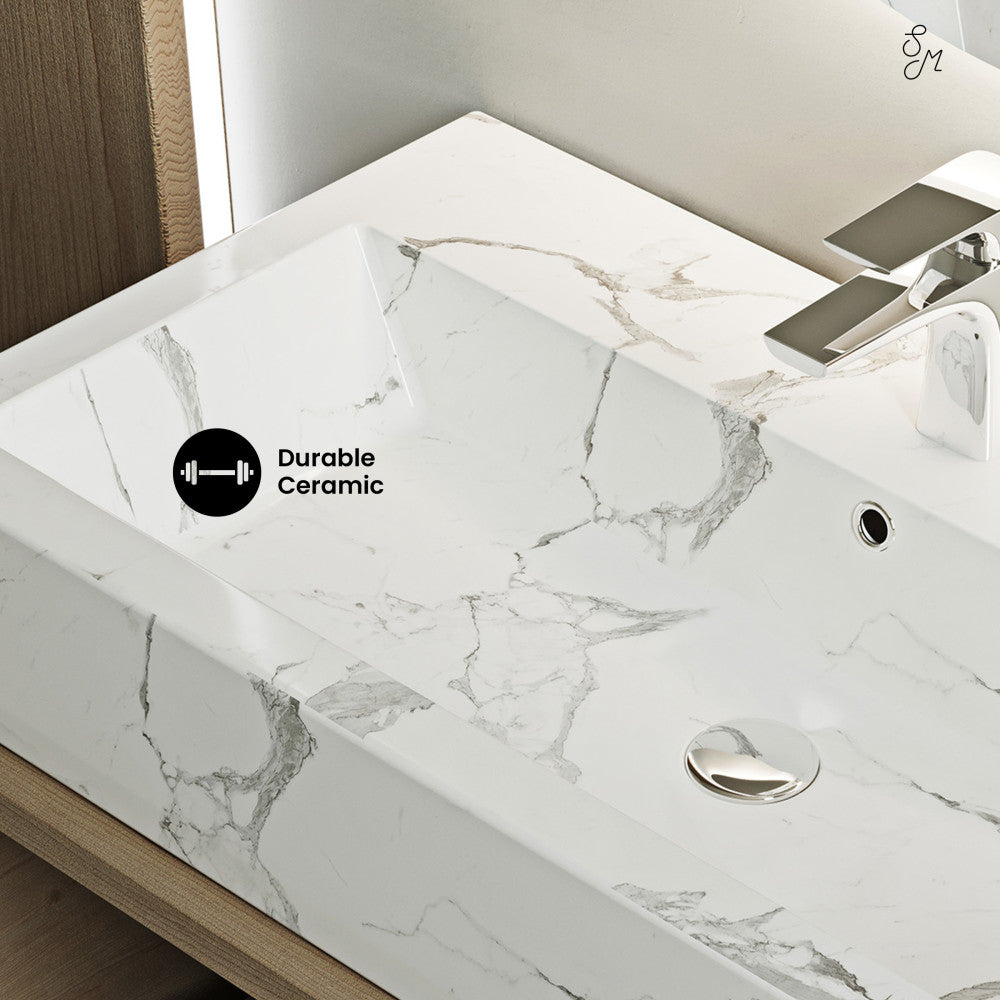 Swiss Madison Voltaire Wide Rectangle Vessel Sink in White Marble